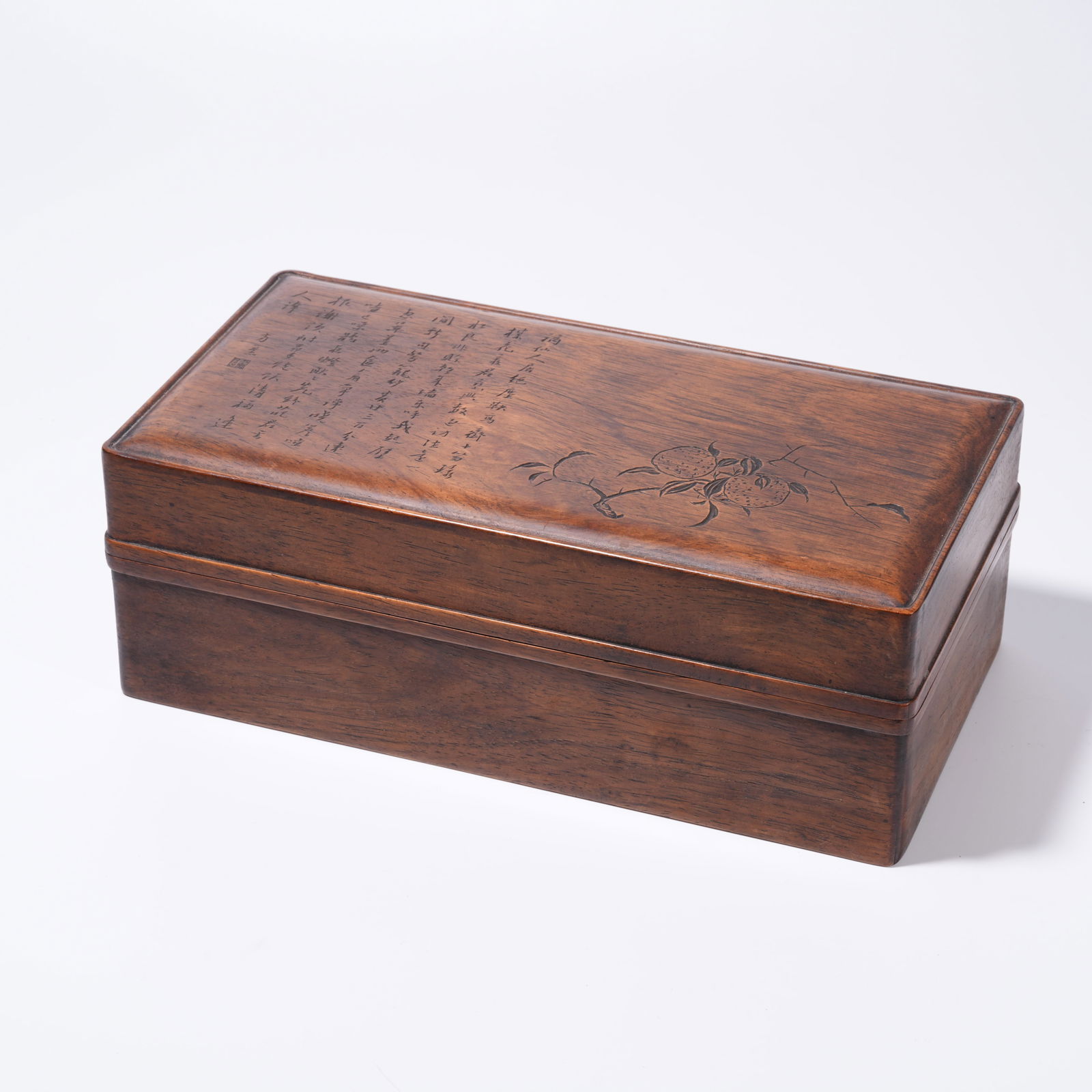 A HUANGHUALI WOOD CARVING INSCRIBED COVERED BOX (1 of 11)