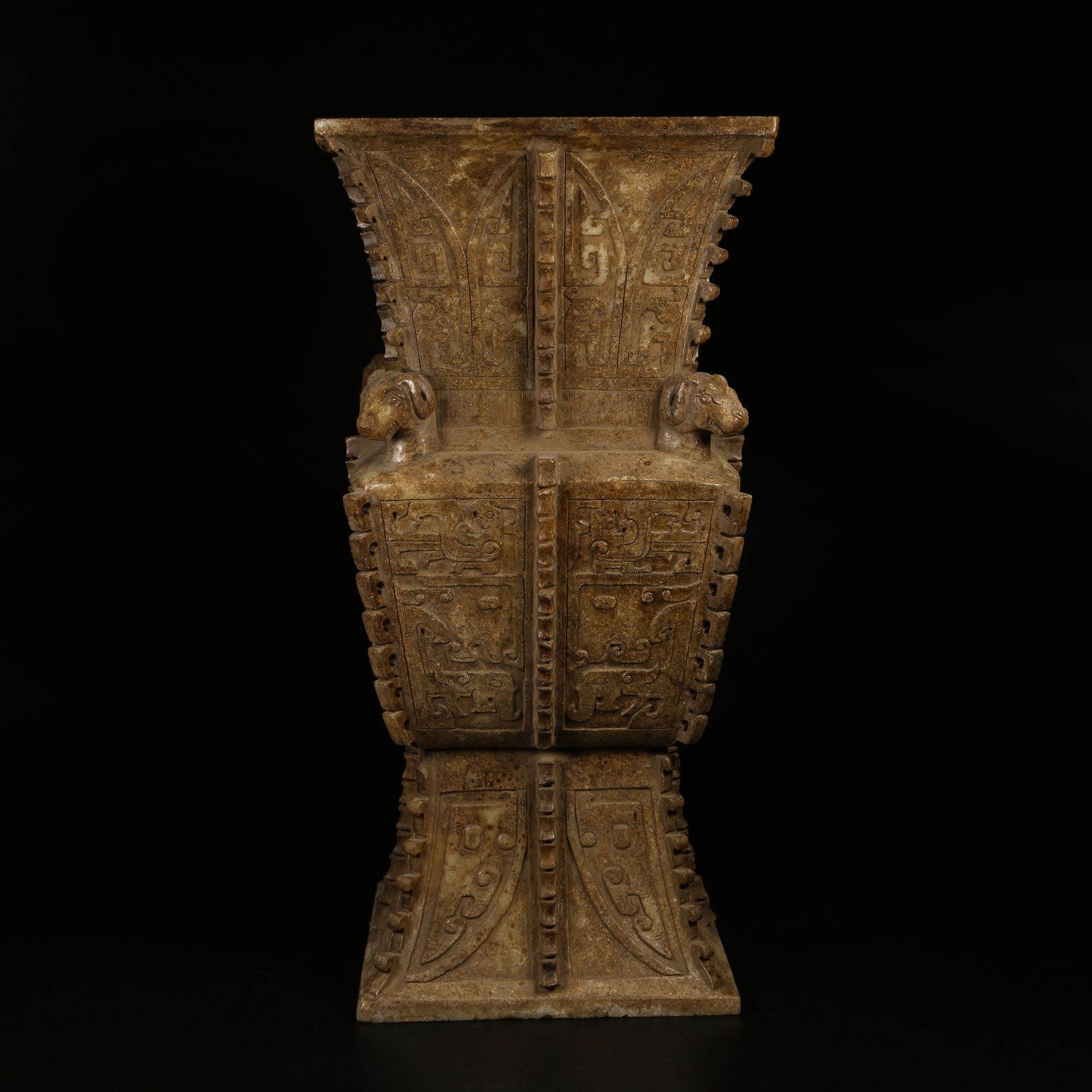 A ANCIENT JADE FOUR-SHEEP SQUARE ZUN: Ancient Jade Four-Sheep Square Zun