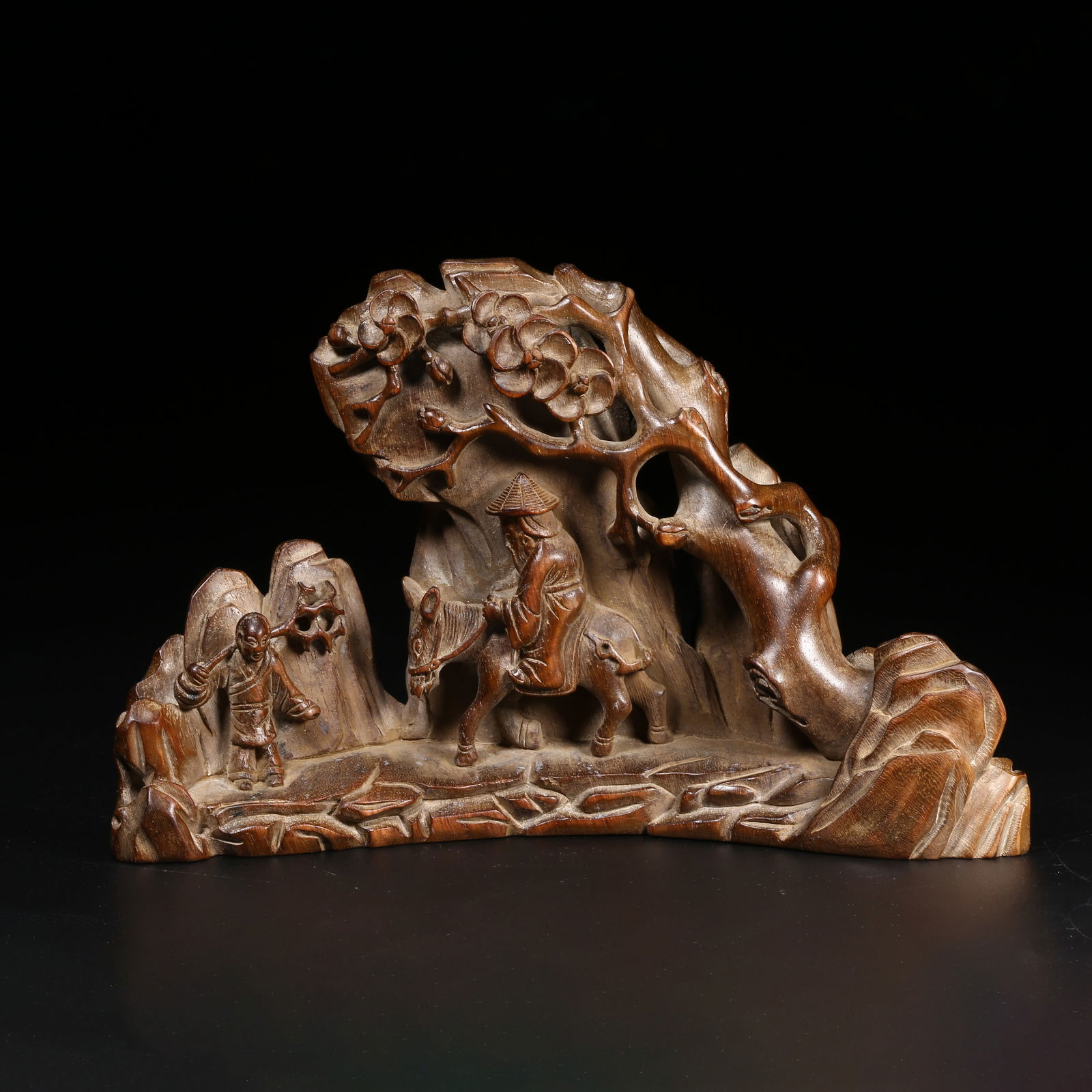 A SANDALWOOD MOUNTAIN-SHAPED CARVING OF "ADMIRING THE PLUM BLOSSOMS" (1 of 9)
