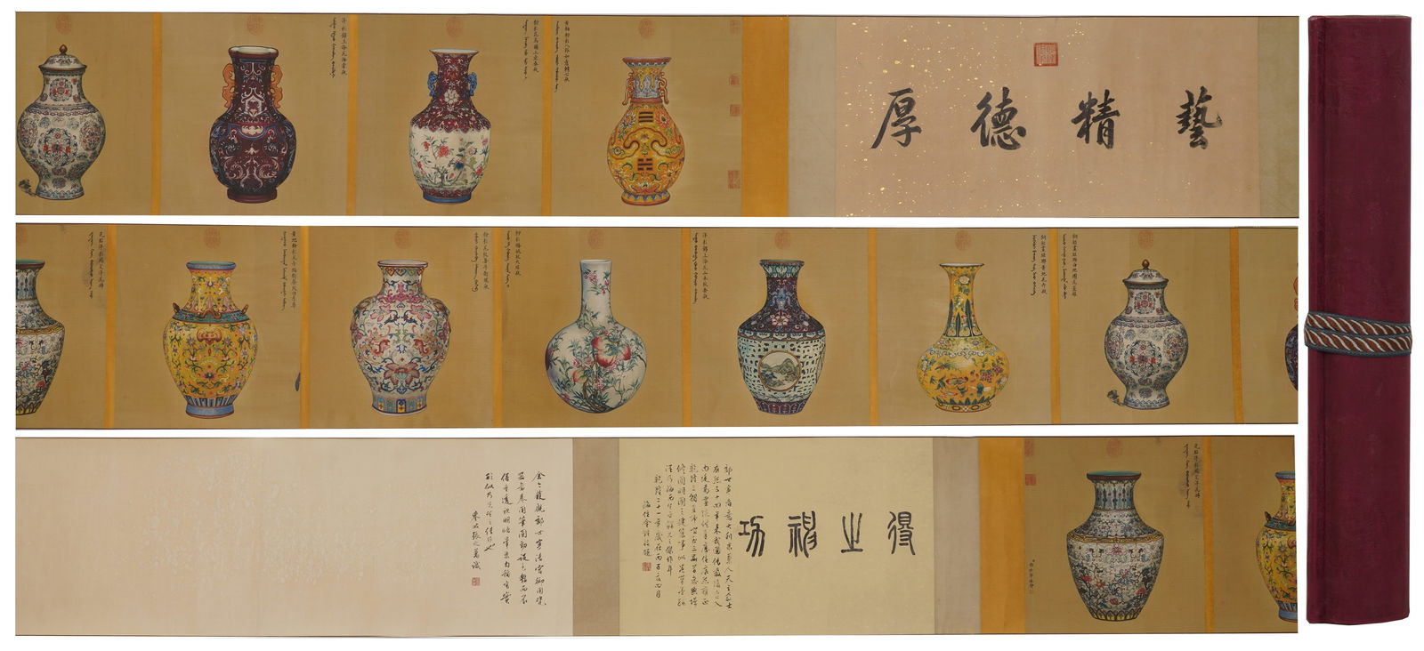 A FLOWER VASE PAINTING HANDSCROLL ON PAPER BY GIUSEPPE CASTIGLIONE (LANG SHINING).郎世: Flower Vase Painting Handscroll on Paper by Giuseppe Castiglione (Lang Shining).郎世寧