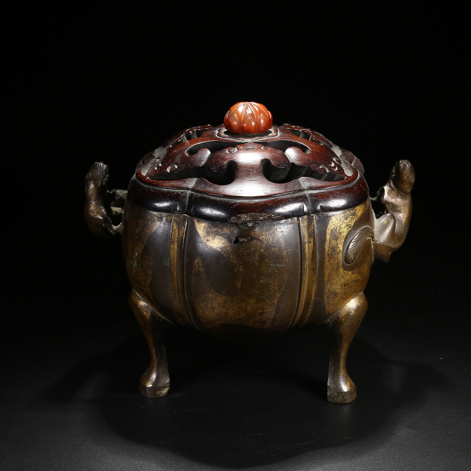 A BRONZE TRIPOD MELON-RIBBED CENSER WITH PARTIAL GILT AND SQUIRREL-SHAPED HANDLES (1 of 10)