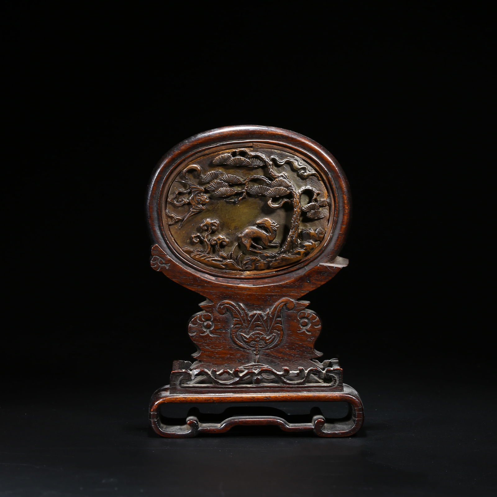 A HUANGHUALI WOOD INKSTONE SCREEN INLAID WITH STONE, FEATURING PINE AND DEER DESIGN: Huanghuali wood inkstone screen inlaid with stone, featuring pine and deer design