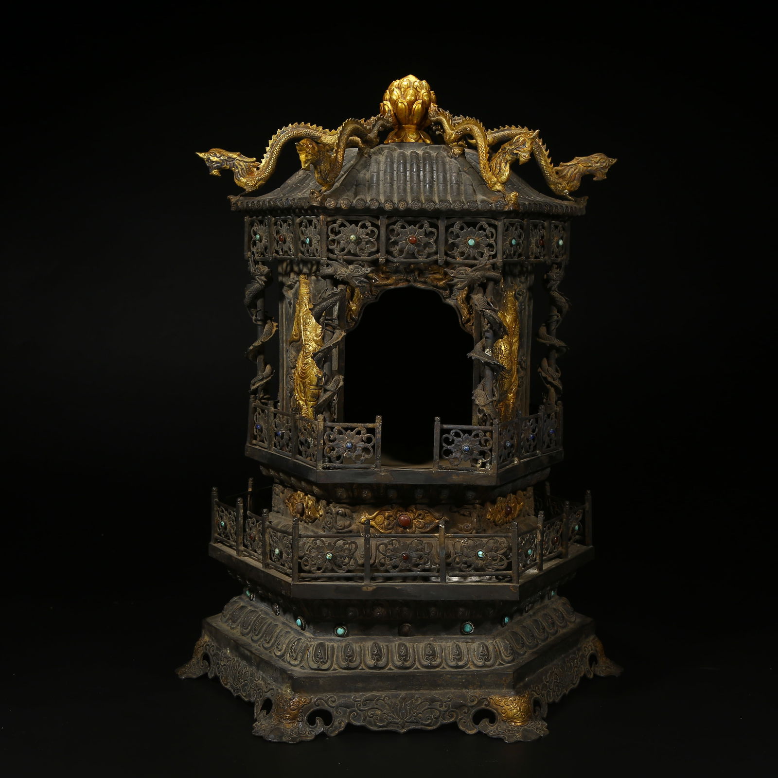 A PARTIALLY GILT BRONZE BUDDHIST SHRINE: Partially gilt bronze Buddhist shrine
