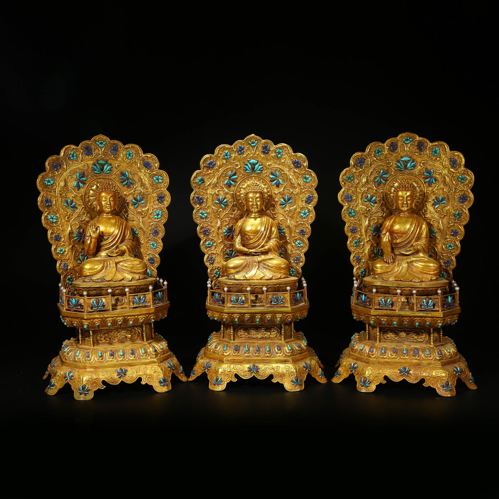 A SET OF GILT BRONZE THREE BUDDHAS: Set of gilt bronze Three Buddhas