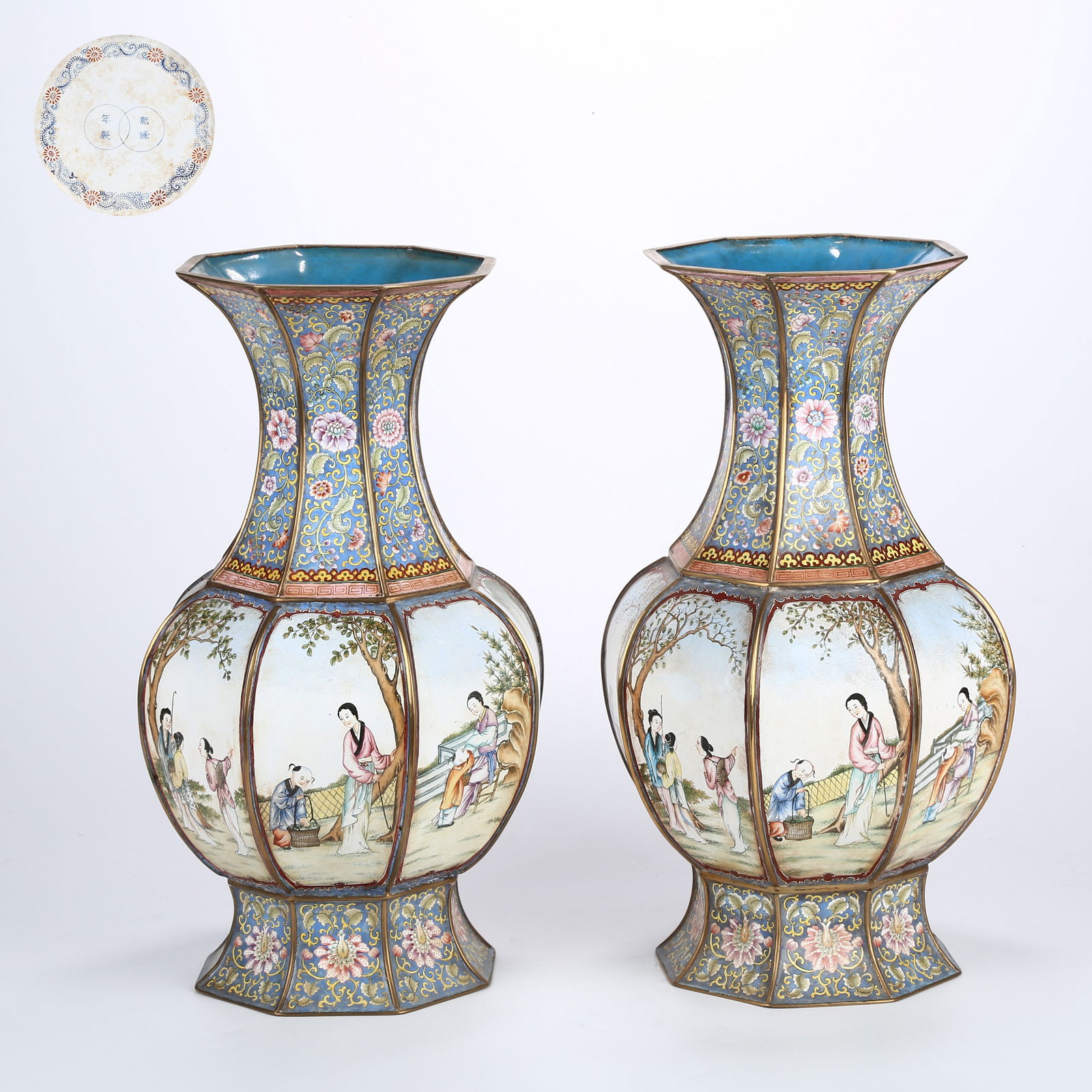 A SET OF CLOISONNÉ ENAMELED OCTAGONAL VASES WITH CHILD-REARING MOTIF (1 of 11)