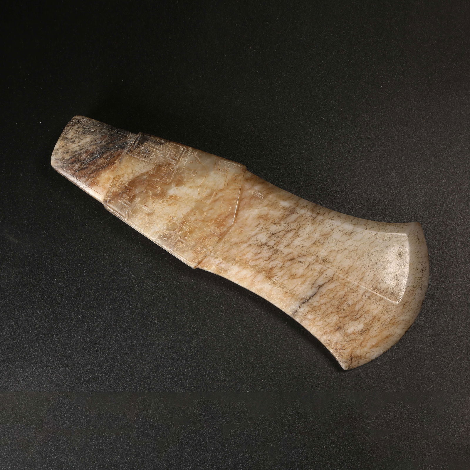A ARCHAIC JADE ANIMAL-MASK AXE: Archaic Jade Animal-Mask Axe