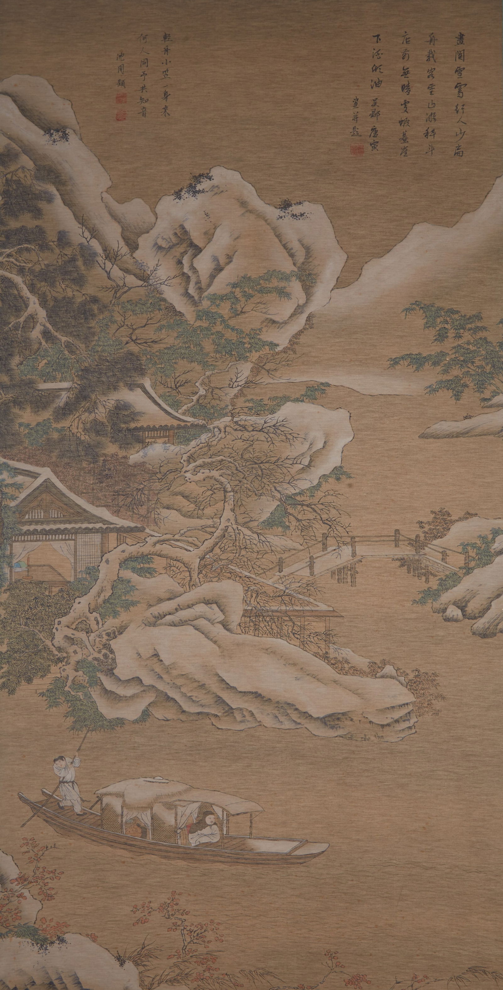 A LANDSCAPE PAINTING ON SILK BY TANG BOHU.唐伯虎: Landscape Painting on Silk by Tang Bohu.唐伯虎