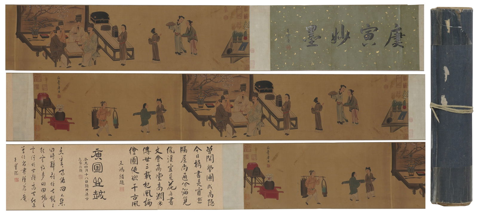 A FIGURE STORY PAINTING HANDSCROLL ON SILK BY TANG YIN.唐寅: Figure Story Painting Handscroll on Silk by Tang Yin.唐寅