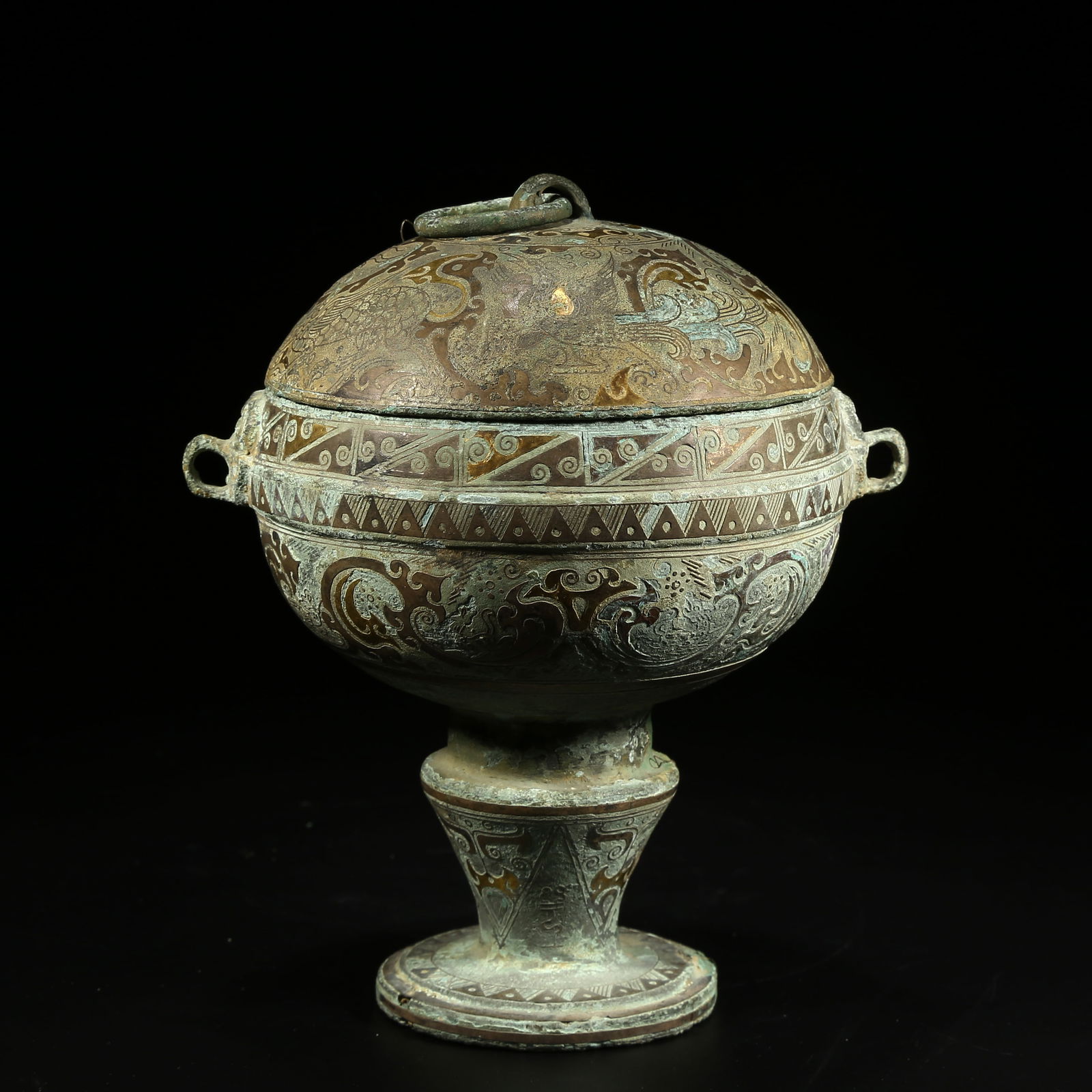 A BRONZE DOU VESSEL INLAID WITH GOLD AND SILVER: Bronze dou vessel inlaid with gold and silver