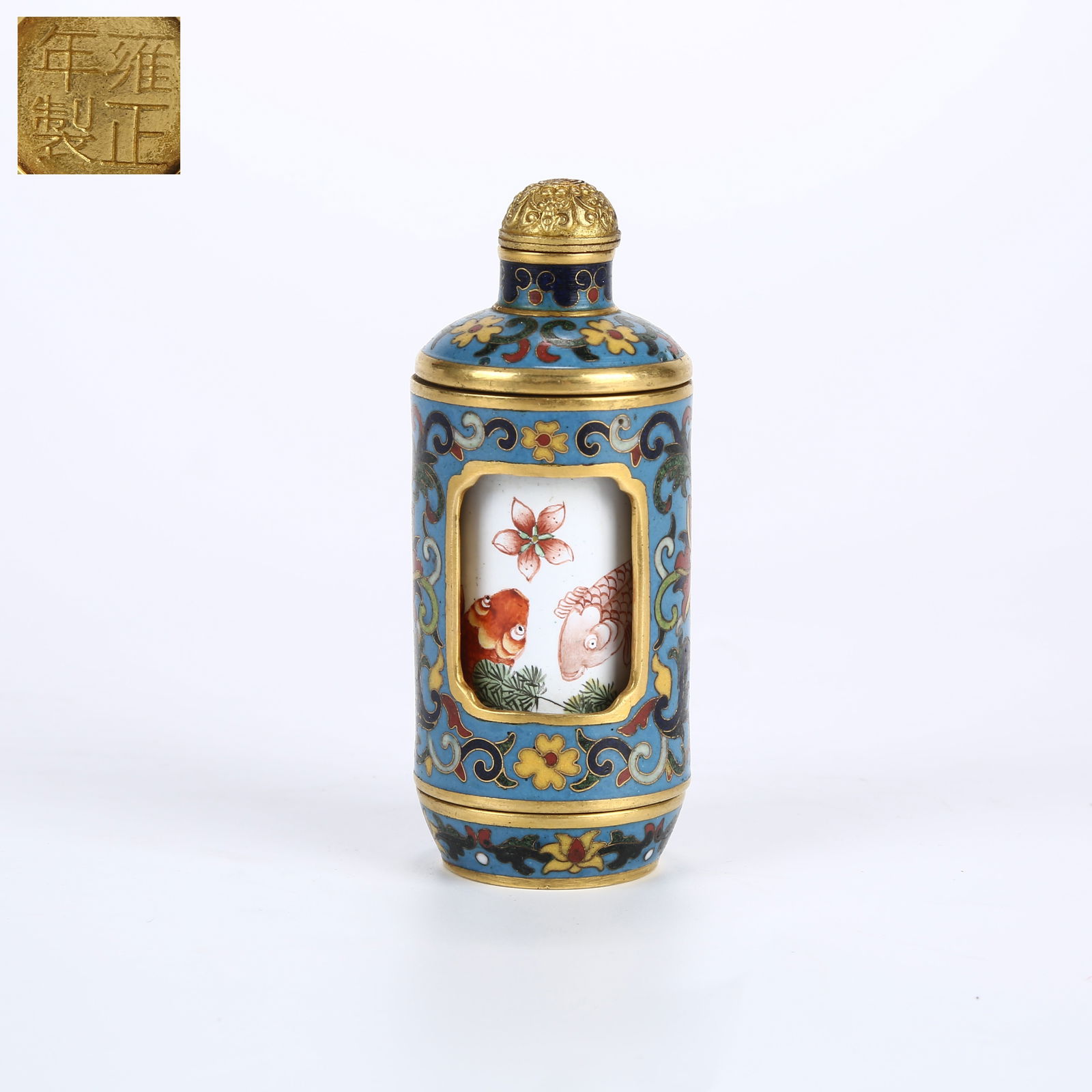 A CLOISONNÉ FILIGREE AND ENAMELED INLAY REVOLVING SNUFF BOTTLE WITH "HALL OF WEALTH" MOTIF (1 of 8)