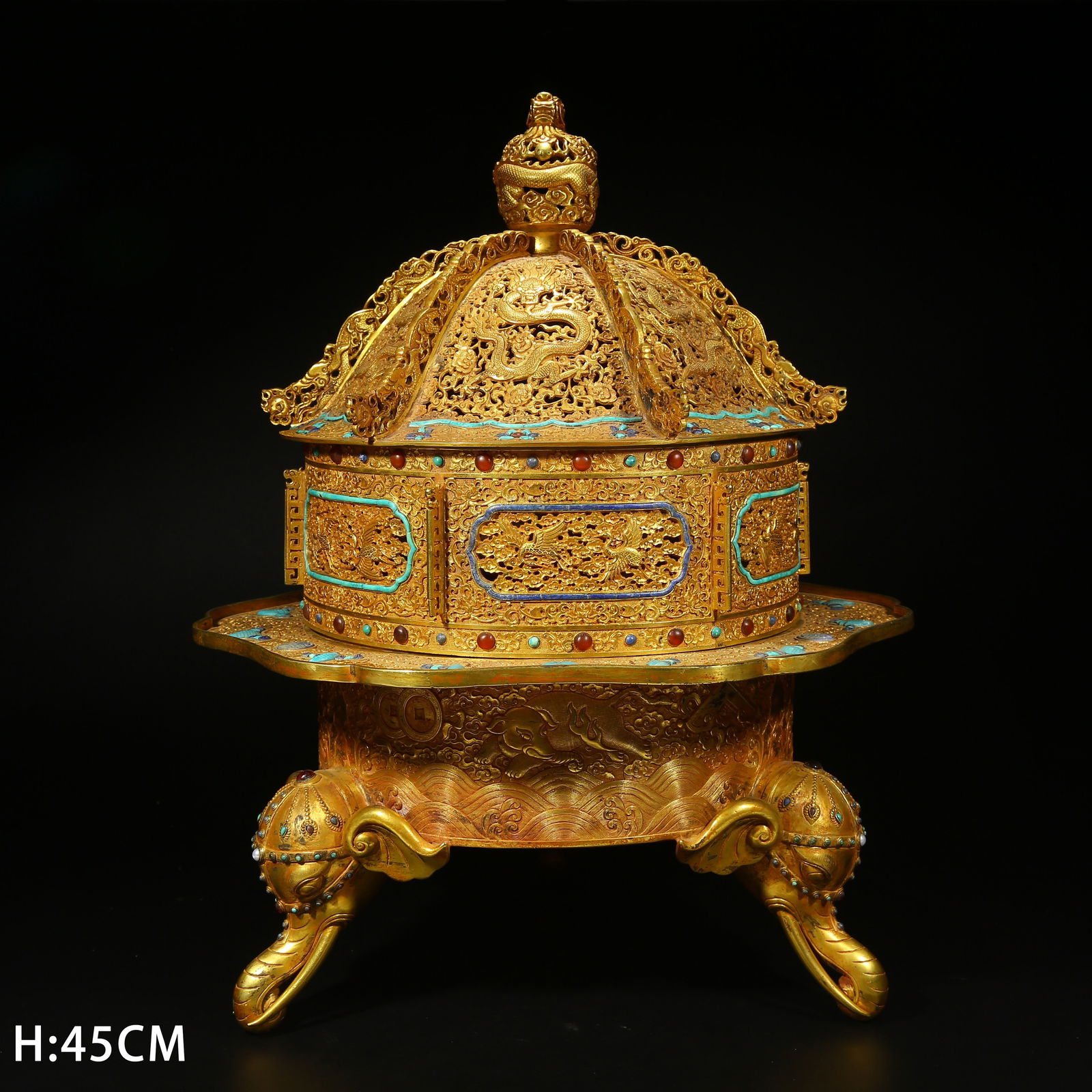 A GILT BRONZE DRAGON-PATTERNED INCENSE BURNER: Gilt bronze dragon-patterned incense burner