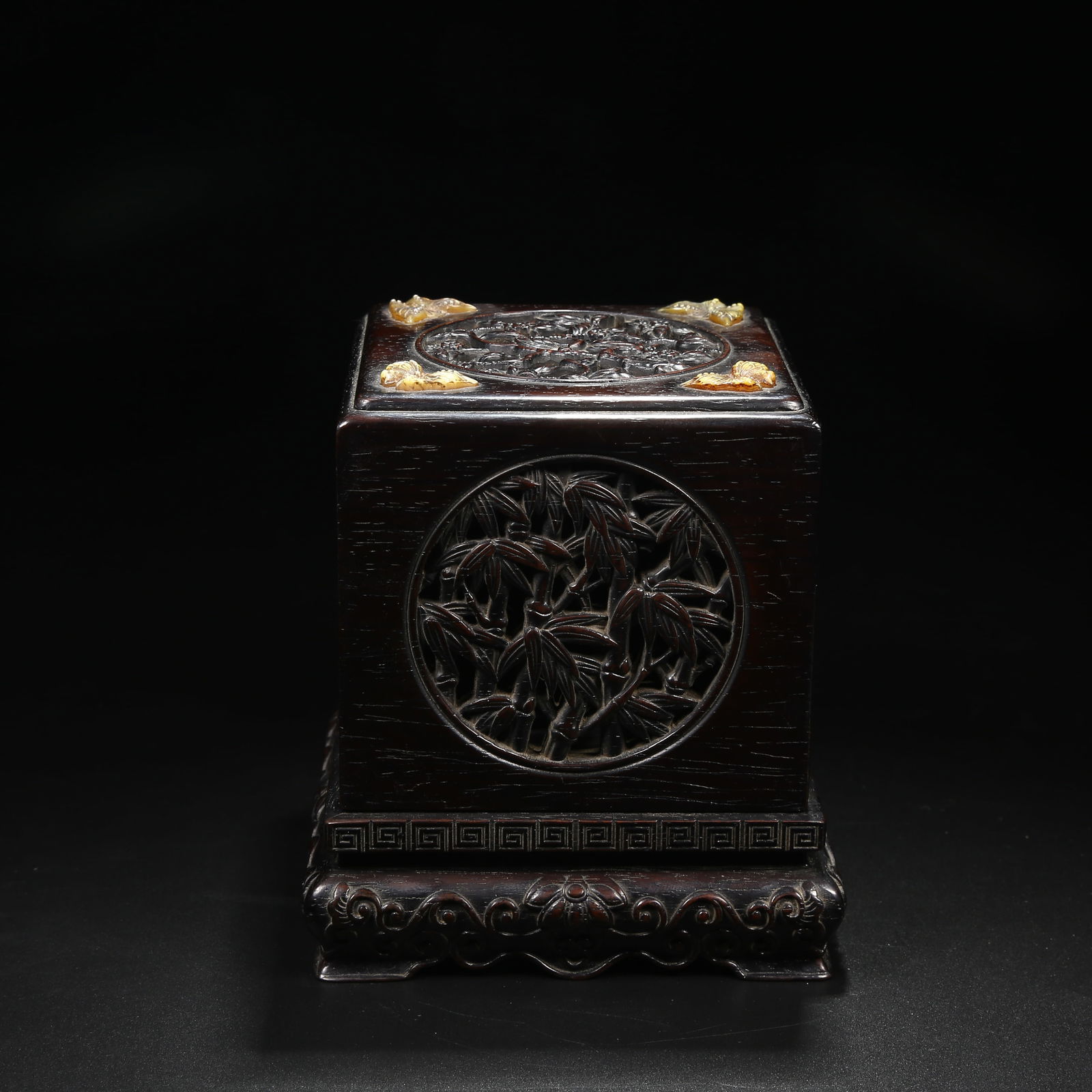 A ZITAN SEAL BOX INLAID WITH MOTHER-OF-PEARL "PLUM, ORCHID, BAMBOO, AND CHRYSANTHEMUM" DESIGN: Zitan Seal Box Inlaid with Mother-of-Pearl "Plum, Orchid, Bamboo, and Chrysanthemum" Design