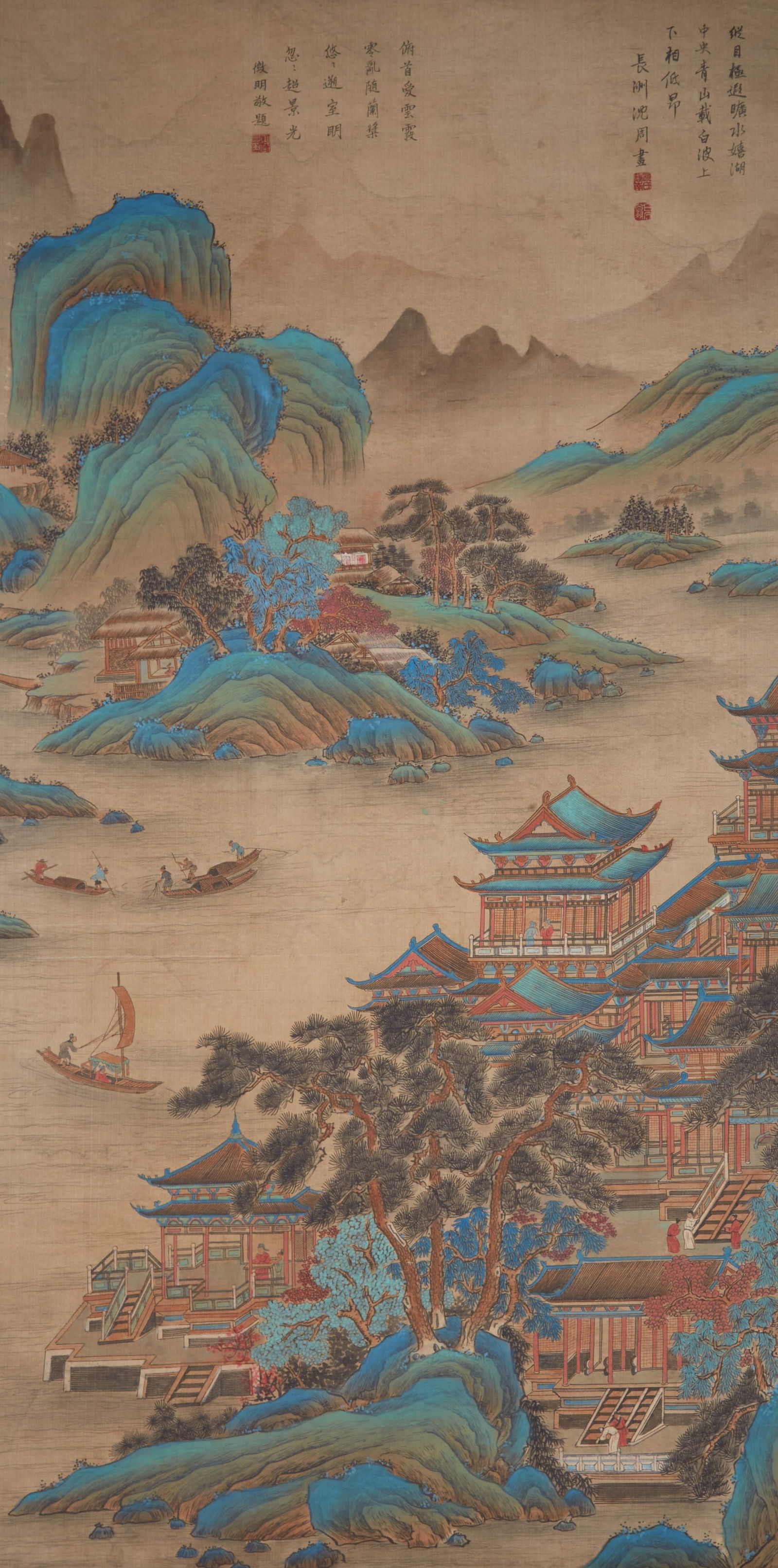 A LANDSCAPE WITH PAVILIONS ON SILK BY SHEN ZHOU.沈周: Landscape with Pavilions on Silk by Shen Zhou.沈周