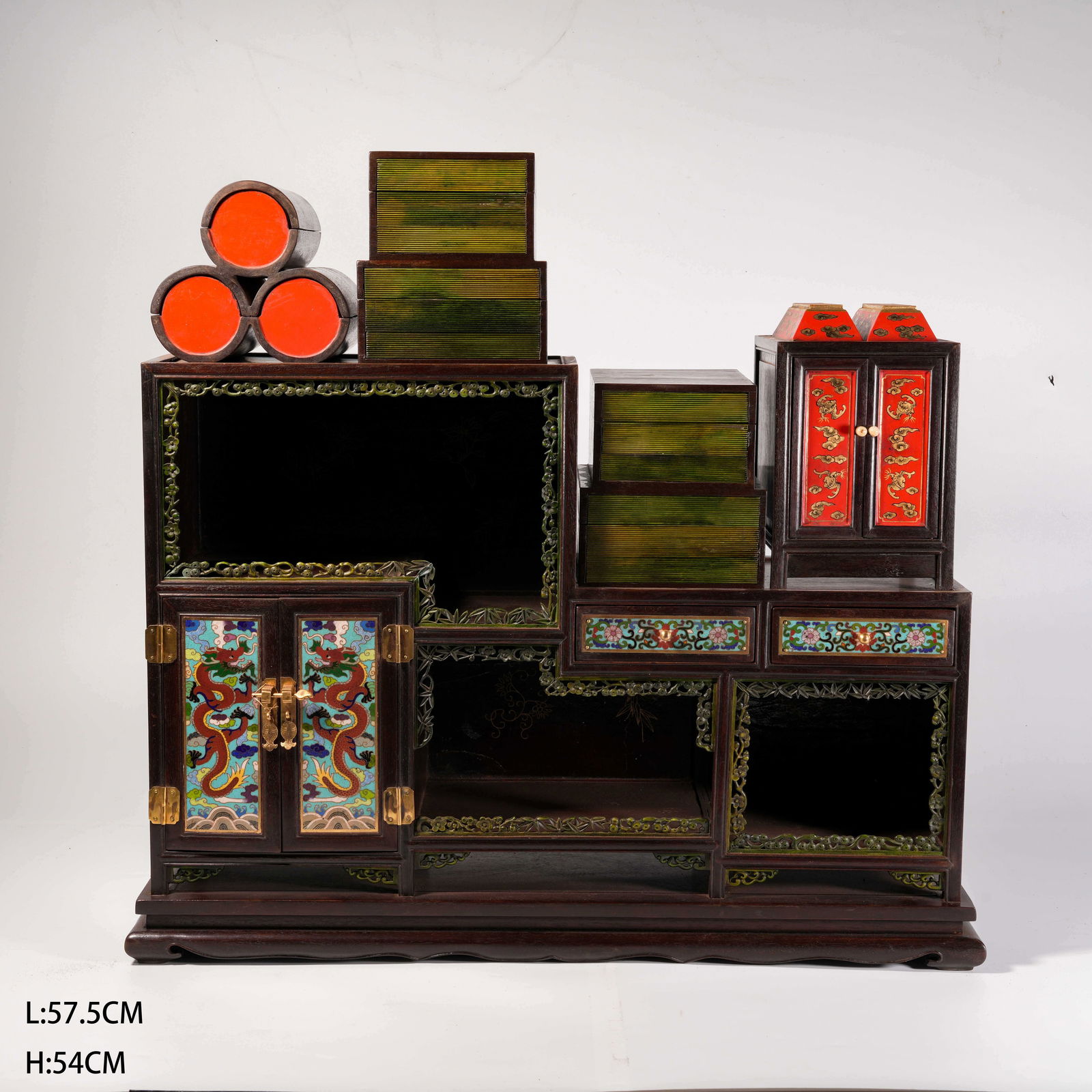 A ZITAN WOOD MULTI-TREASURE PAVILION WITH CLOISONNÉ ENAMEL AND JADE DRAGON, BRONZE INLAY: Zitan Wood Multi-Treasure Pavilion with Cloisonné Enamel and Jade Dragon, Bronze Inlay