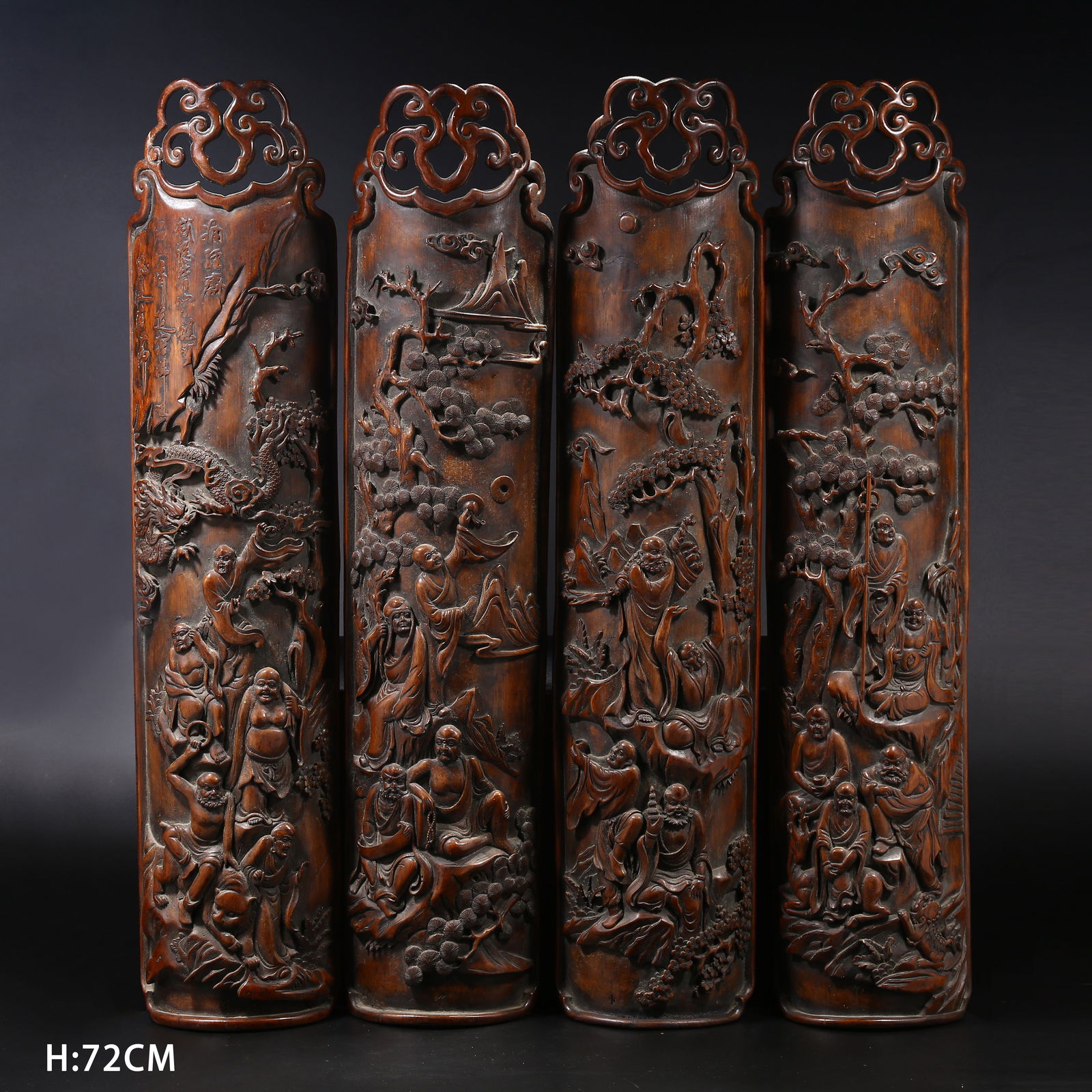A SET OF BAMBOO CARVED HANGING PANELS WITH ARHAT SCENES: Set of Bamboo Carved Hanging Panels with Arhat Scenes