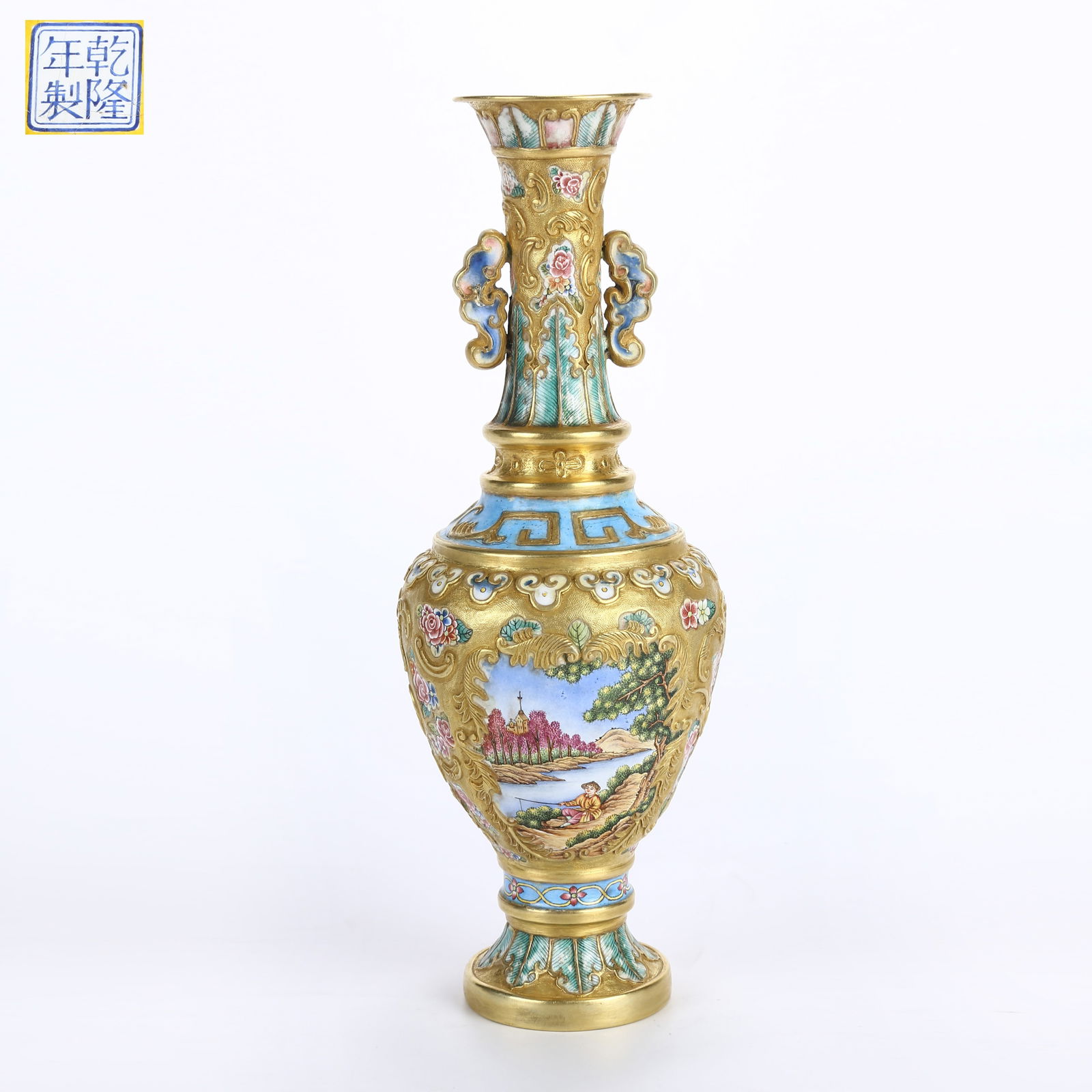 A CLOISONNÉ ENAMELED DOUBLE-HANDLED VASE WITH FIGURE STORY SCENES (1 of 9)