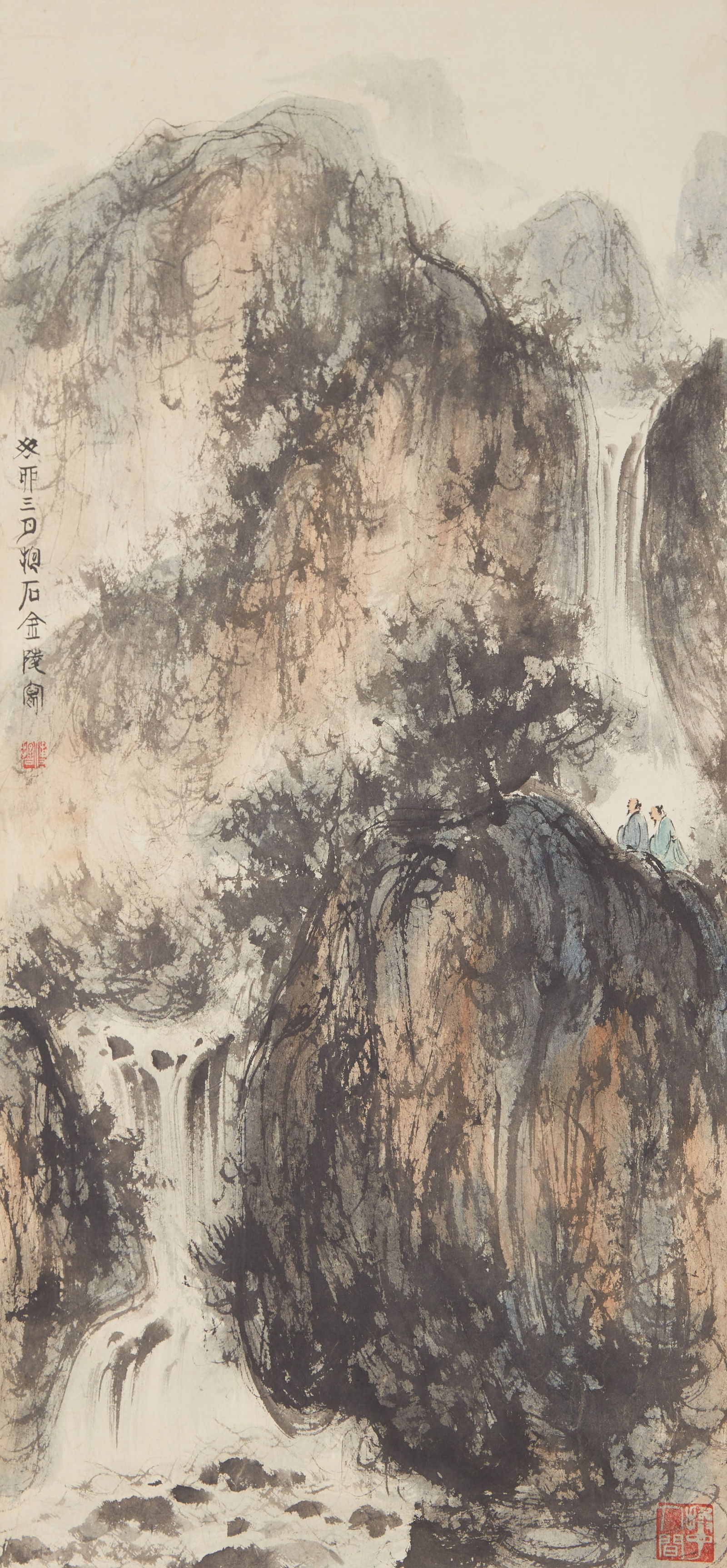 A LANDSCAPE AND FIGURE PAINTING ON PAPER BY FU BAOSHI.傅抱石: Landscape and Figure Painting on Paper by Fu Baoshi.傅抱石