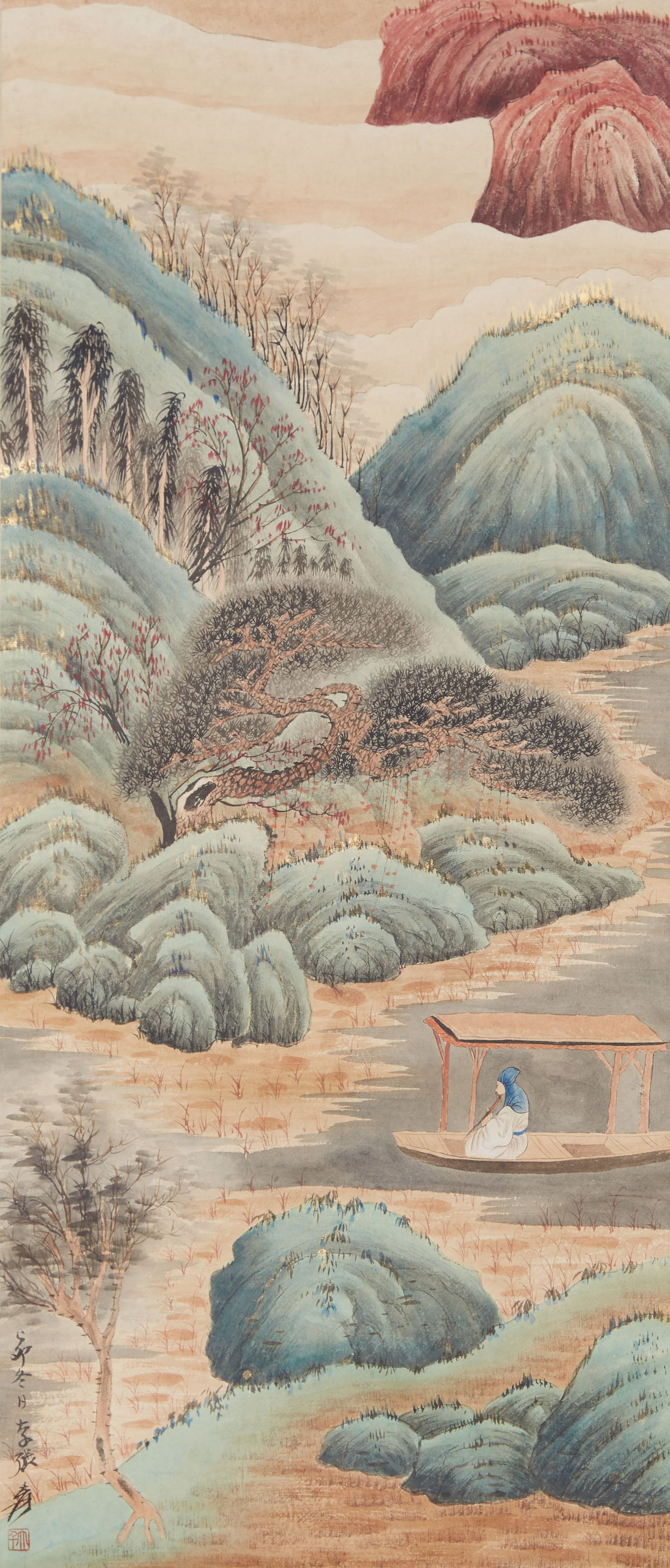 A LANDSCAPE AND FIGURE PAINTING ON PAPER BY ZHANG DAQIAN.張大千: Landscape and Figure Painting on Paper by Zhang Daqian.張大千