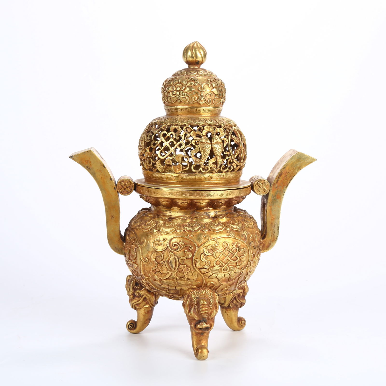 A GILT-BRONZE INCENSE BURNER WITH EIGHT AUSPICIOUS SYMBOLS AND CROWN-SHAPED HANDLES: Gilt-bronze incense burner with Eight Auspicious Symbols and crown-shaped handles