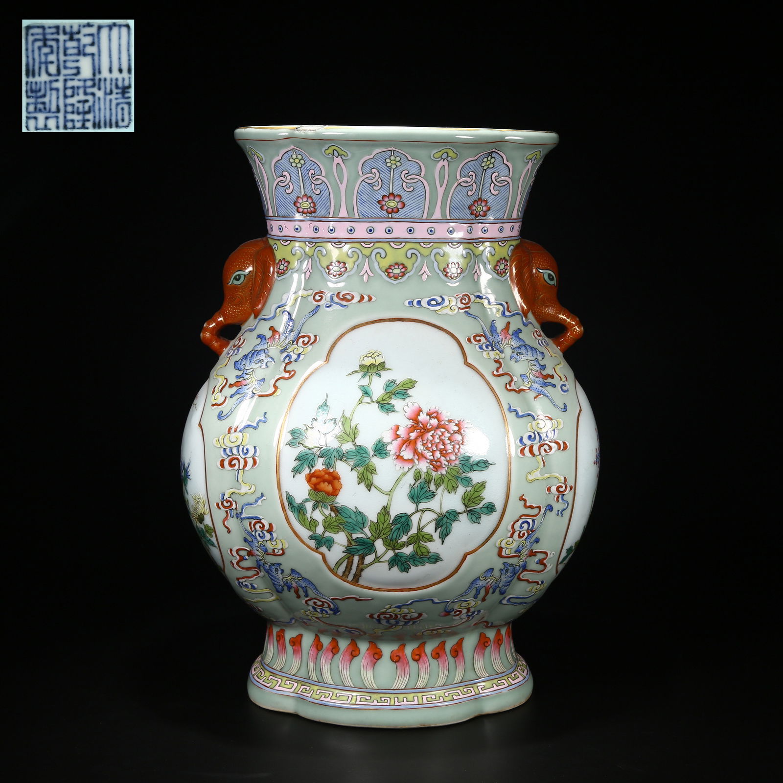 A FAMILLE ROSE PEONY-SHAPED VASE WITH FLORAL MOTIFS AND ELEPHANT-HEAD HANDLES: Famille Rose Peony-Shaped Vase with Floral Motifs and Elephant-Head Handles