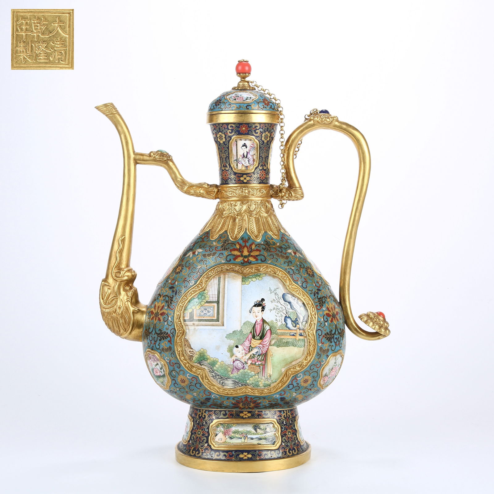 A LARGE CLOISONNÉ FILIGREE AND INLAY ENAMELED EWER WITH CHILD-REARING SCENE (1 of 12)