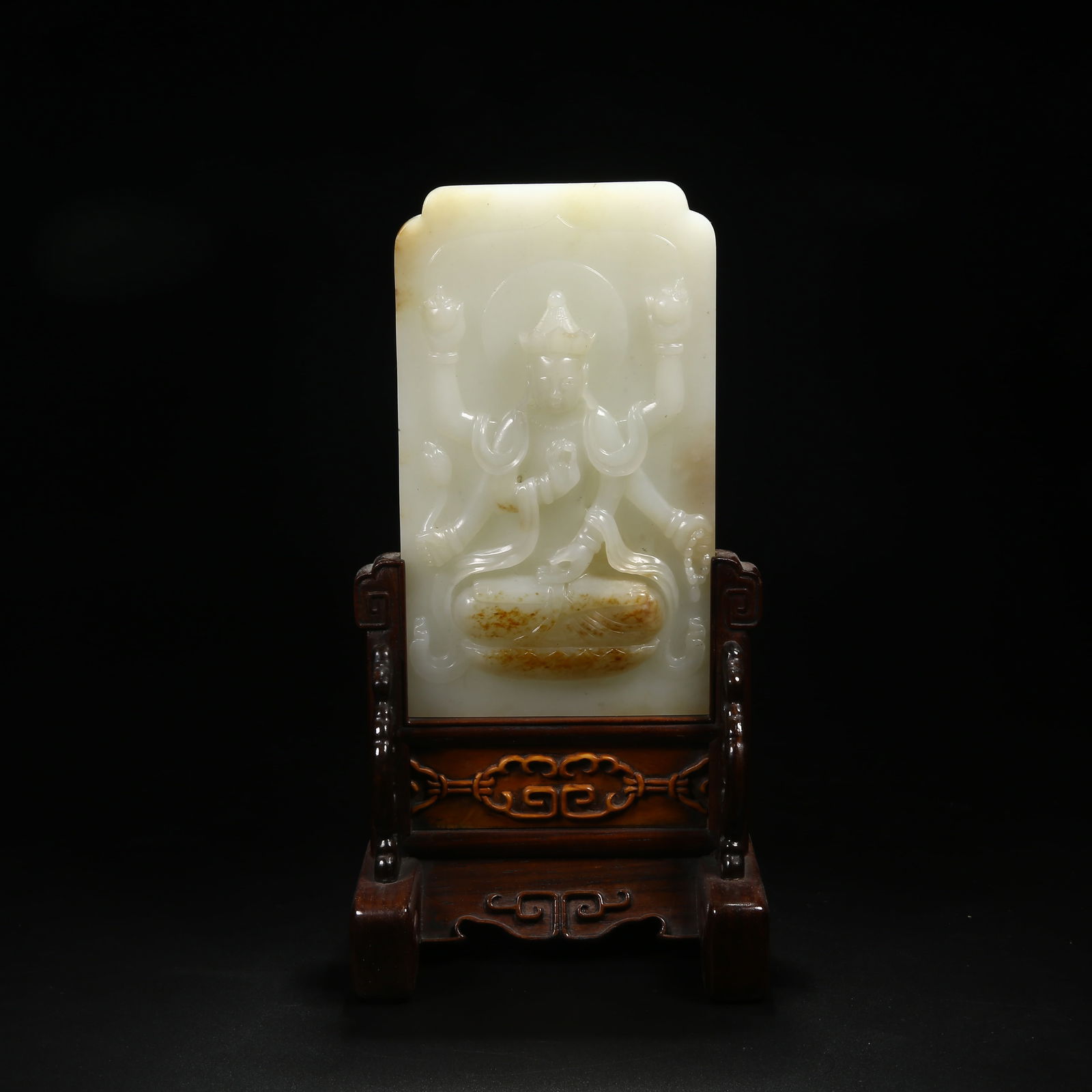 A REDWOOD FRAME INLAID WITH HETIAN WHITE JADE SIX-ARMED BODHISATTVA INKSTONE SCREEN: Redwood Frame Inlaid with Hetian White Jade Six-Armed Bodhisattva Inkstone Screen