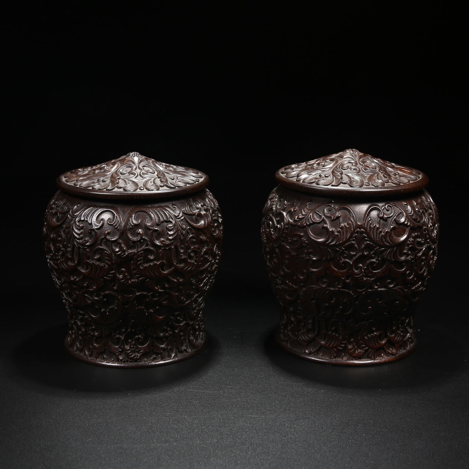A SET OF ZITAN LIDDED JARS WITH SCROLLWORK MOTIF: Set of Zitan Lidded Jars with Scrollwork Motif
