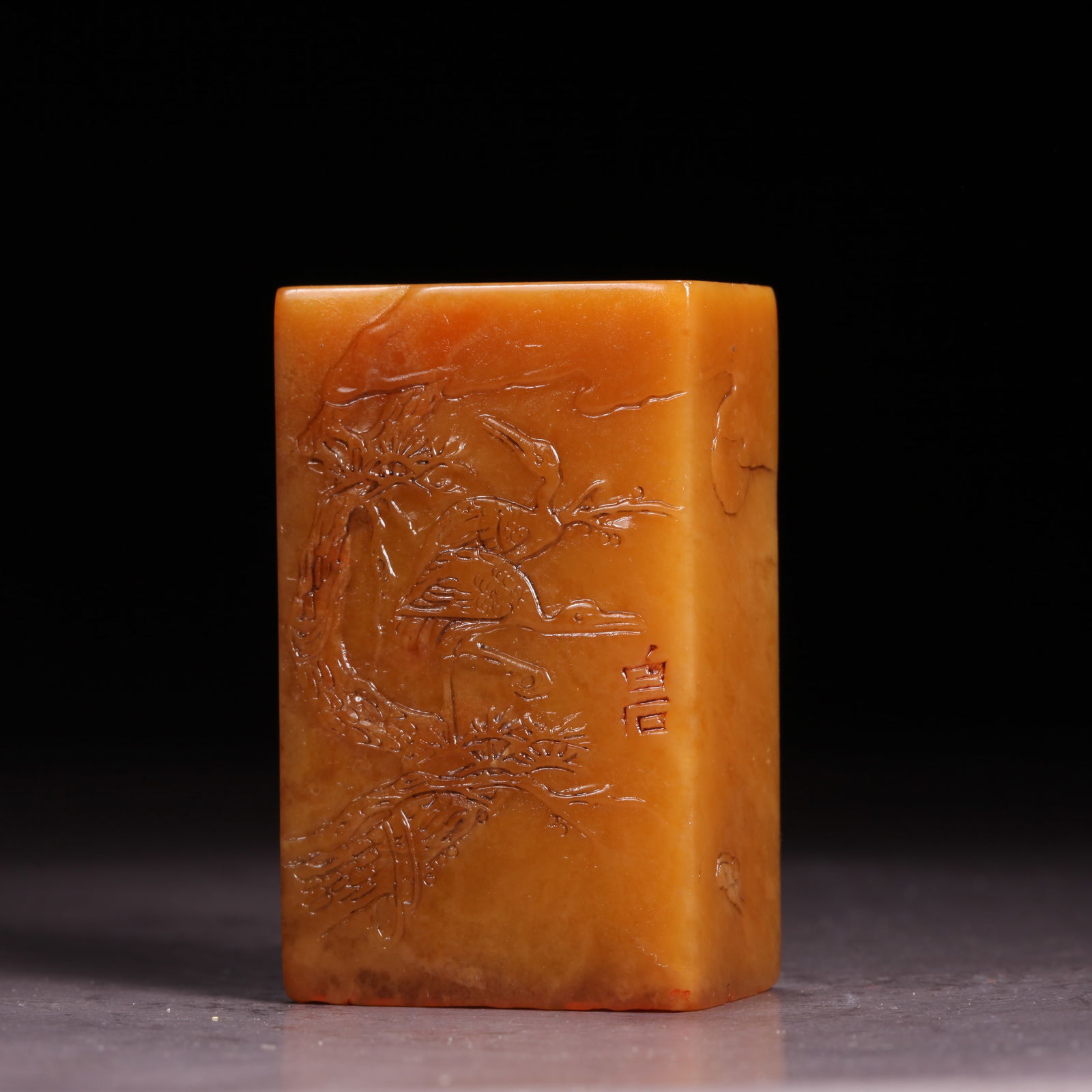 A SHOUSHAN TIANHUANG STONE SEAL WITH DOUBLE CRANES: Shoushan Tianhuang Stone Seal with Double Cranes