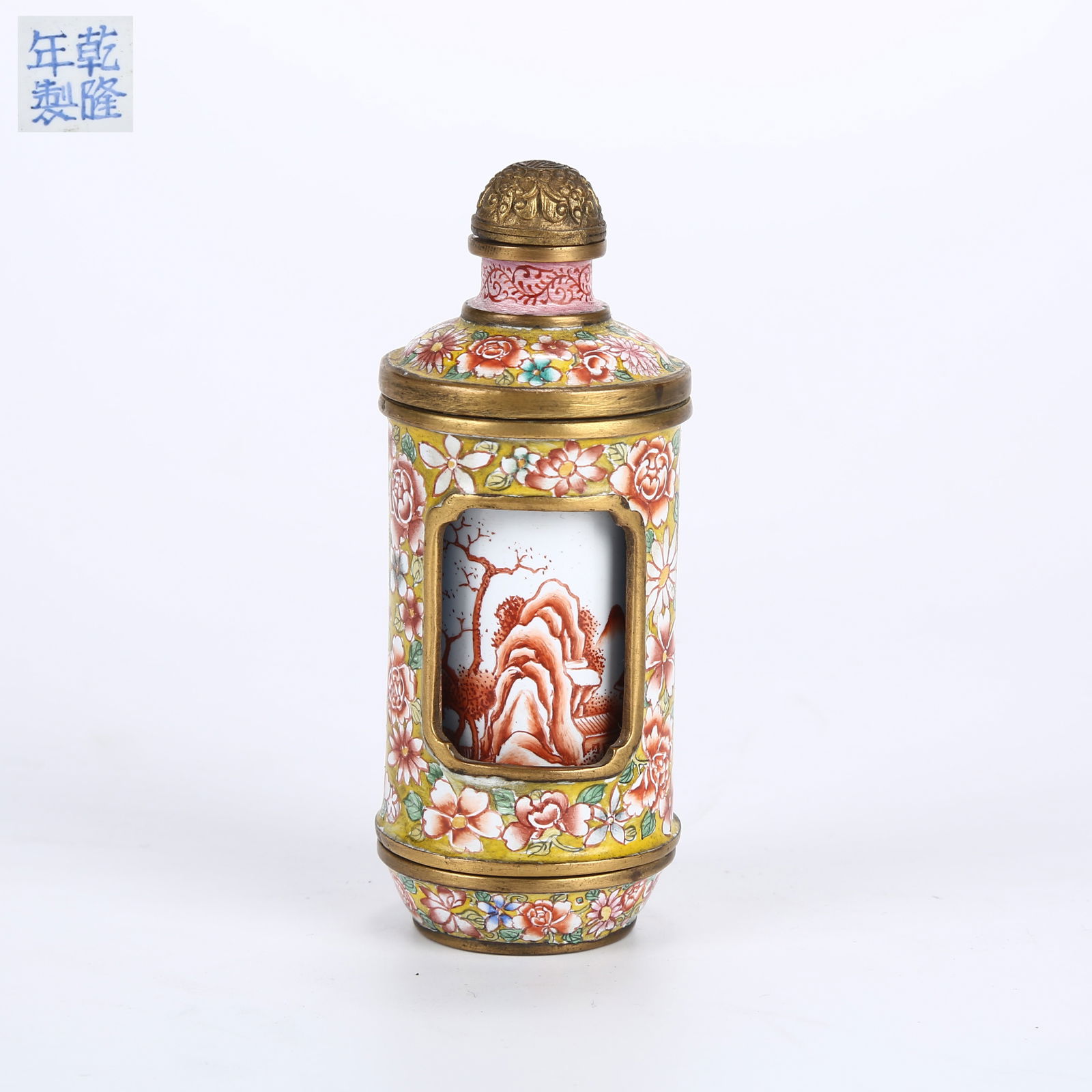 A CLOISONNÉ ENAMELED REVOLVING SNUFF BOTTLE WITH LANDSCAPE MOTIF (1 of 8)