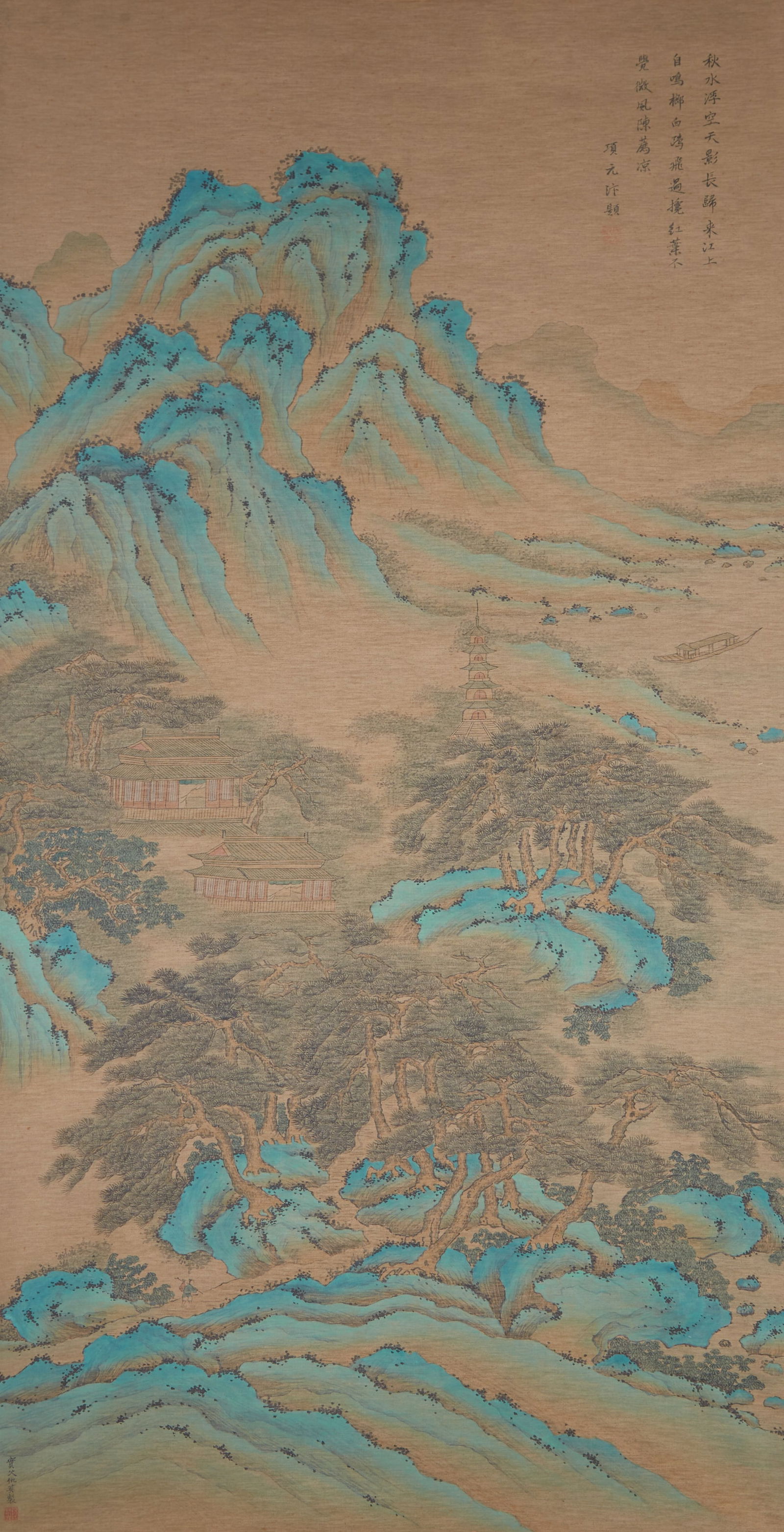 A LANDSCAPE PAINTING ON SILK BY QIU YING.仇英: Landscape Painting on Silk by Qiu Ying.仇英