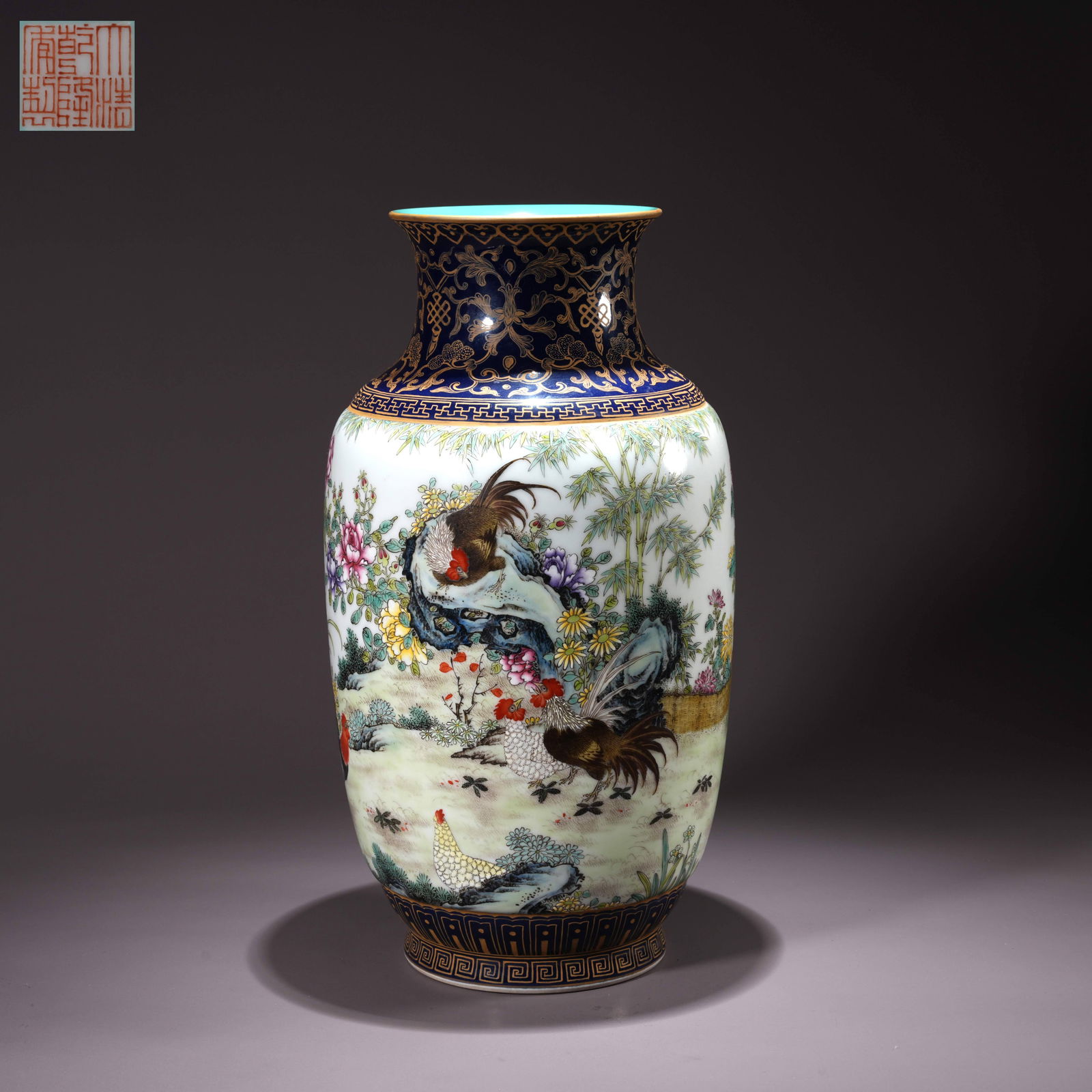 A FAMILLE ROSE VASE WITH ROOSTER MOTIF: Famille Rose Vase with Rooster Motif