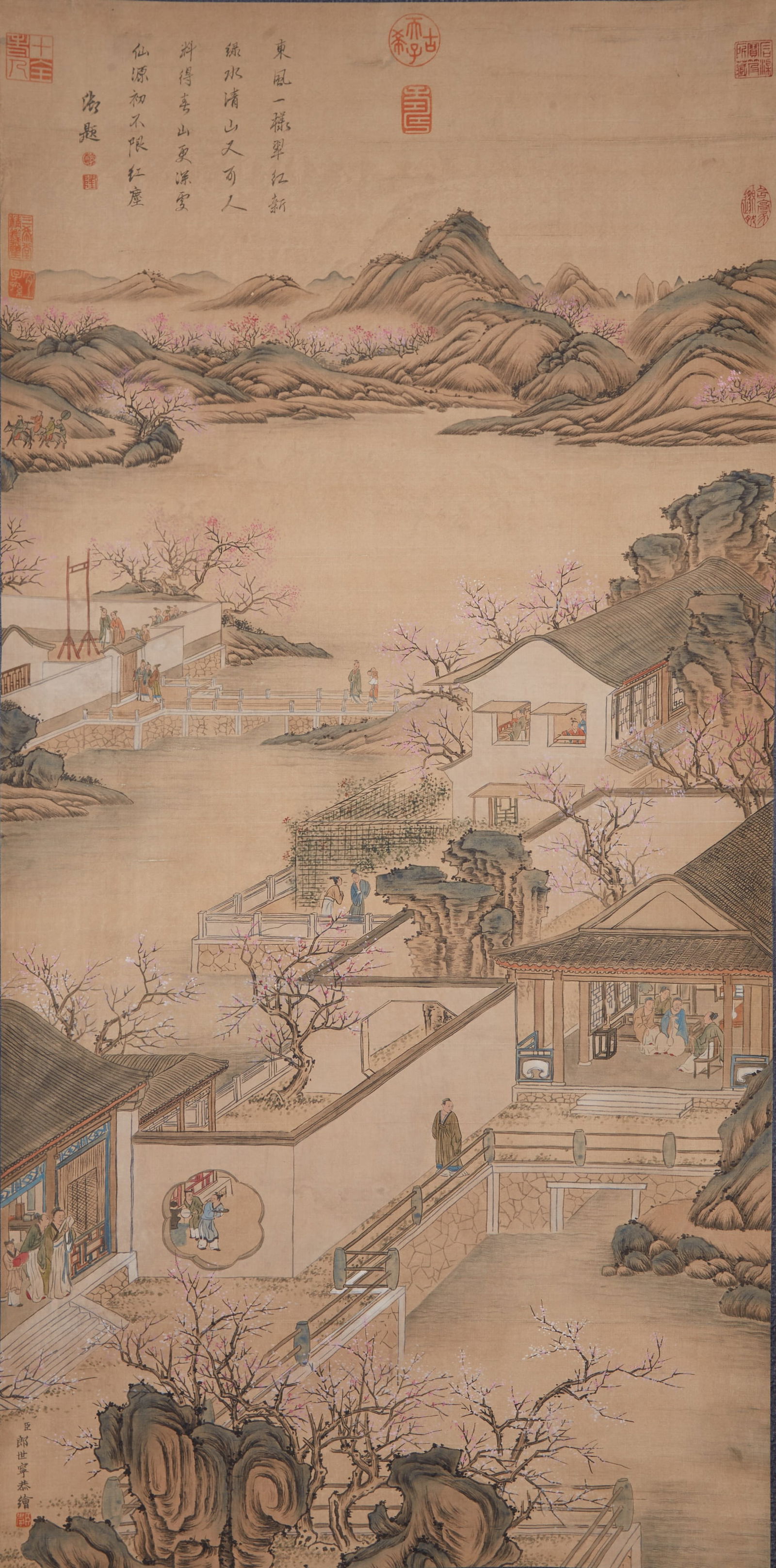 A LANDSCAPE COURTYARD ON SILK BY GIUSEPPE CASTIGLIONE (LANG SHINING).郎世寧: Landscape Courtyard on Silk by Giuseppe Castiglione (Lang Shining).郎世寧