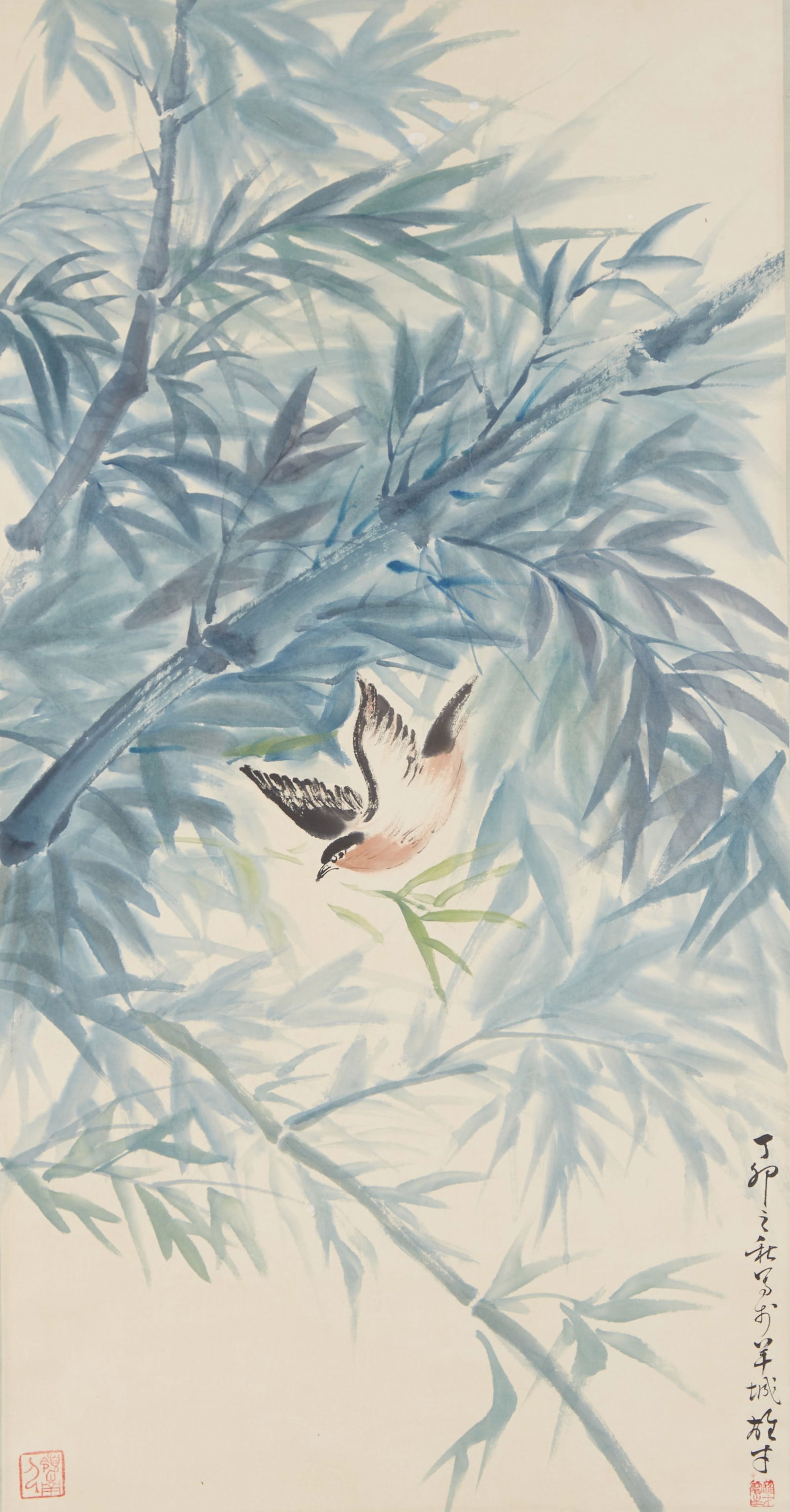 A BAMBOO AND BIRD PAINTING ON PAPER BY LI XIONGCAI.黎雄才: Bamboo and Bird Painting on Paper by Li Xiongcai.黎雄才