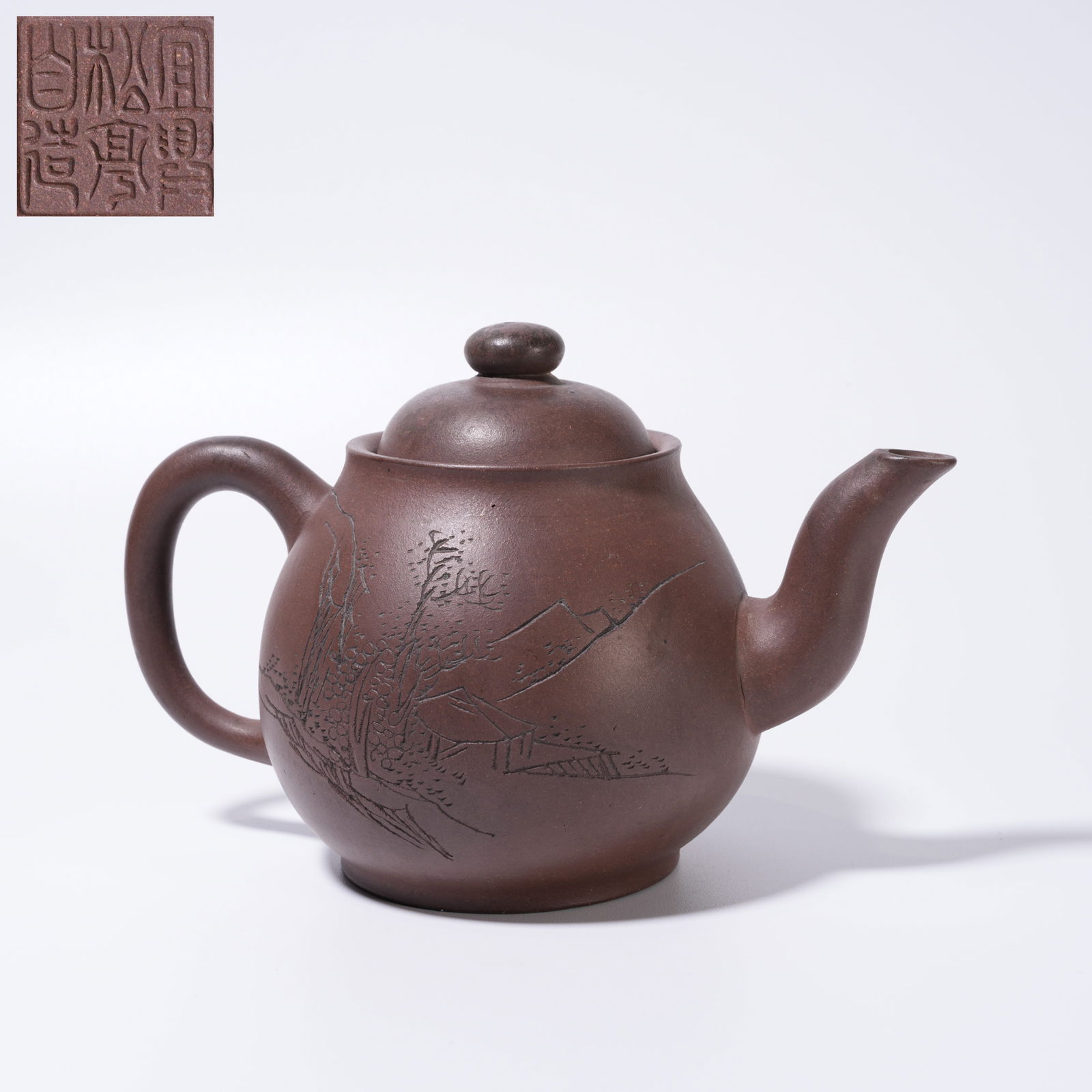 A PURPLE SAND CARVED LANDSCAPE WITH INSCRIBED POETRY TEAPOT (1 of 10)