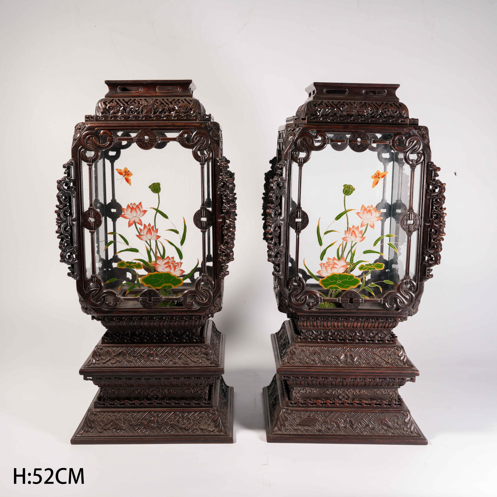 A SET OF ZITAN WOOD PALACE LANTERNS WITH CLOISONNÉ AND HAND-PAINTED LOTUS MOTIFS: Set of Zitan Wood Palace Lanterns with Cloisonné and Hand-Painted Lotus Motifs