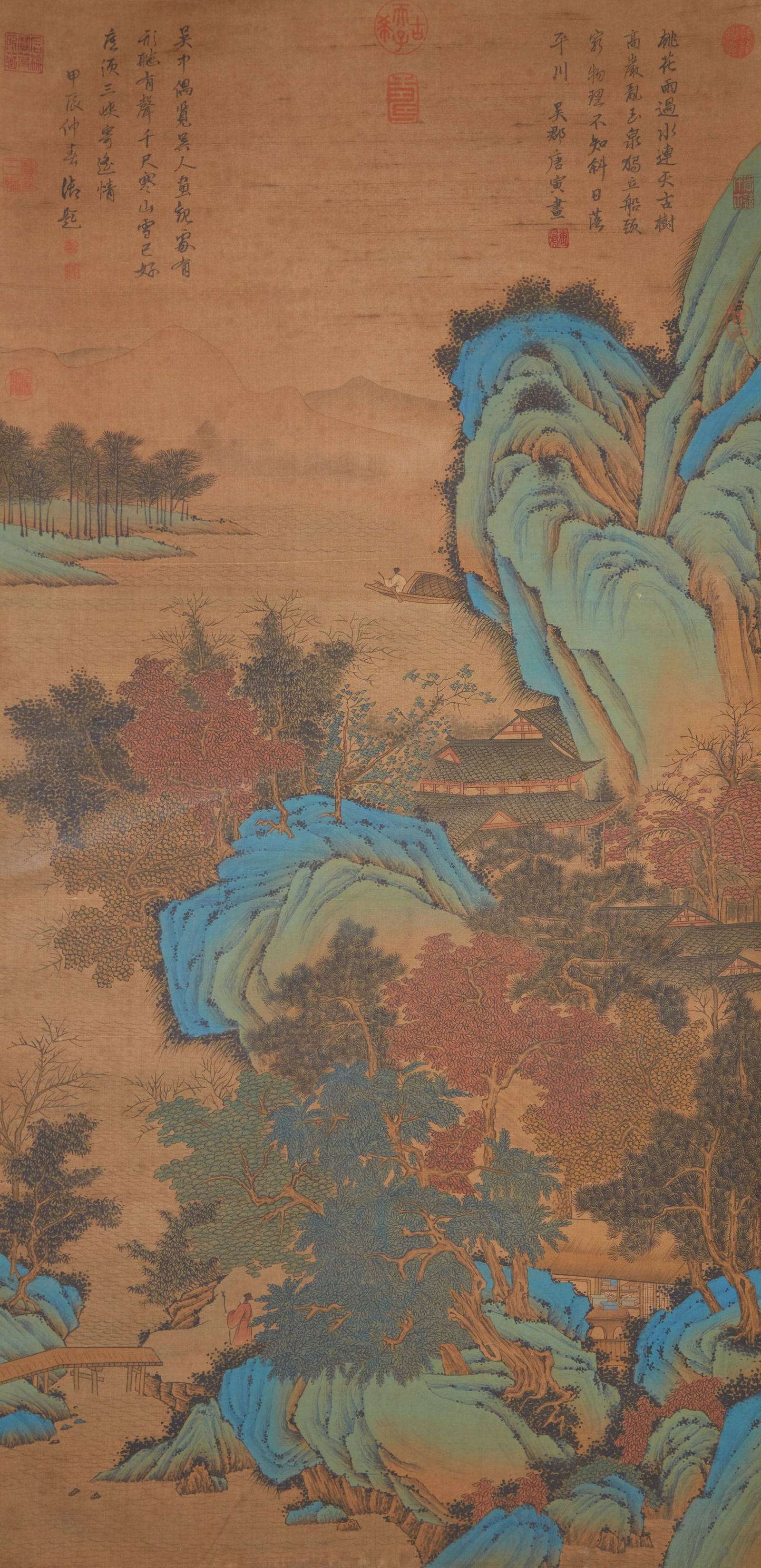 A LANDSCAPE PAINTING ON SILK BY TANG BOHU.唐伯虎: Landscape Painting on Silk by Tang Bohu.唐伯虎