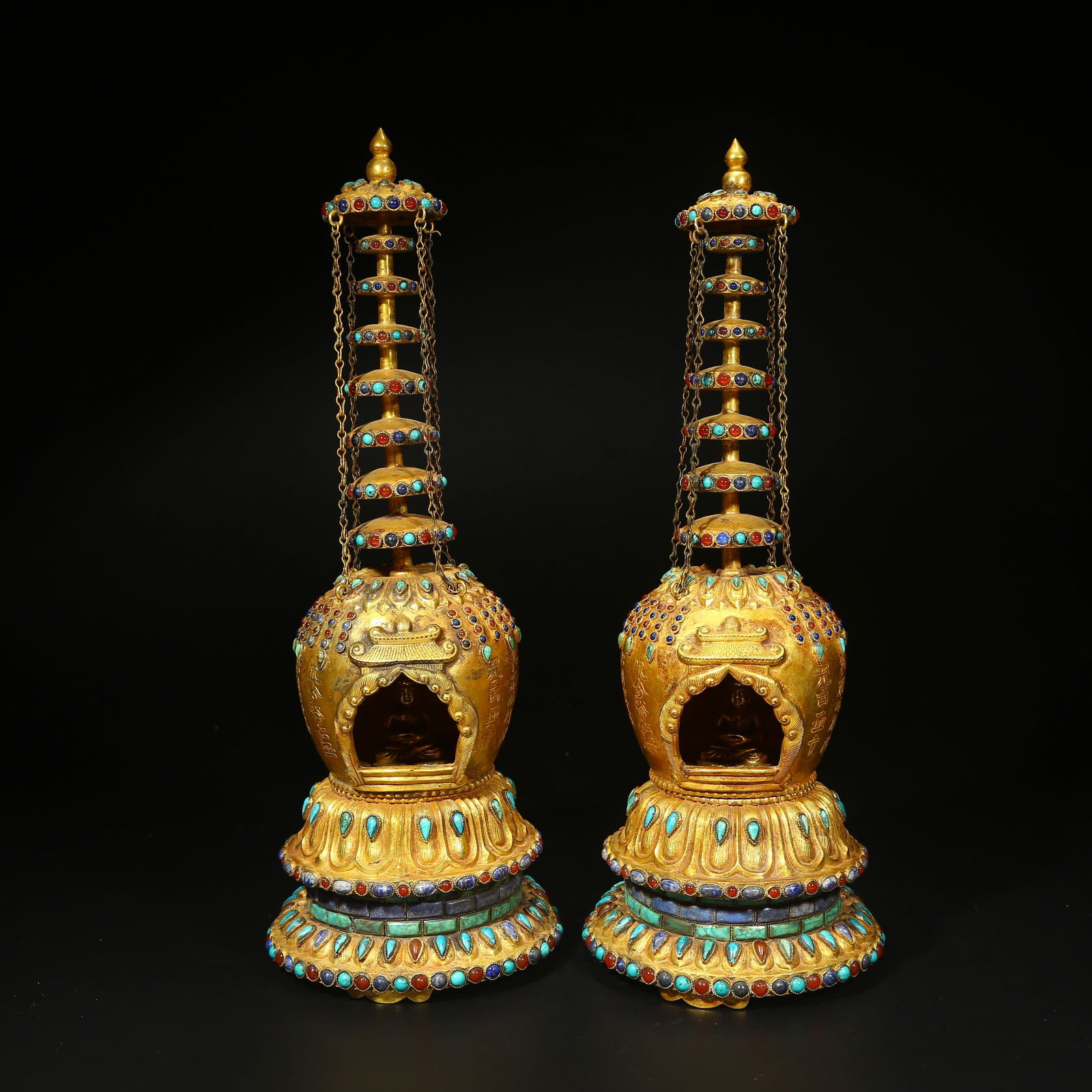 A SET OF GILT BRONZE PAGODAS INLAID WITH TURQUOISE: Set of gilt bronze pagodas inlaid with turquoise