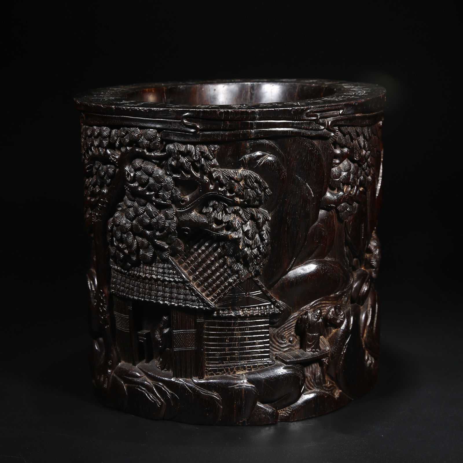 A ZITAN ROSEWOOD BRUSH POT WITH LANDSCAPE AND FIGURE STORY DESIGN (1 of 9)