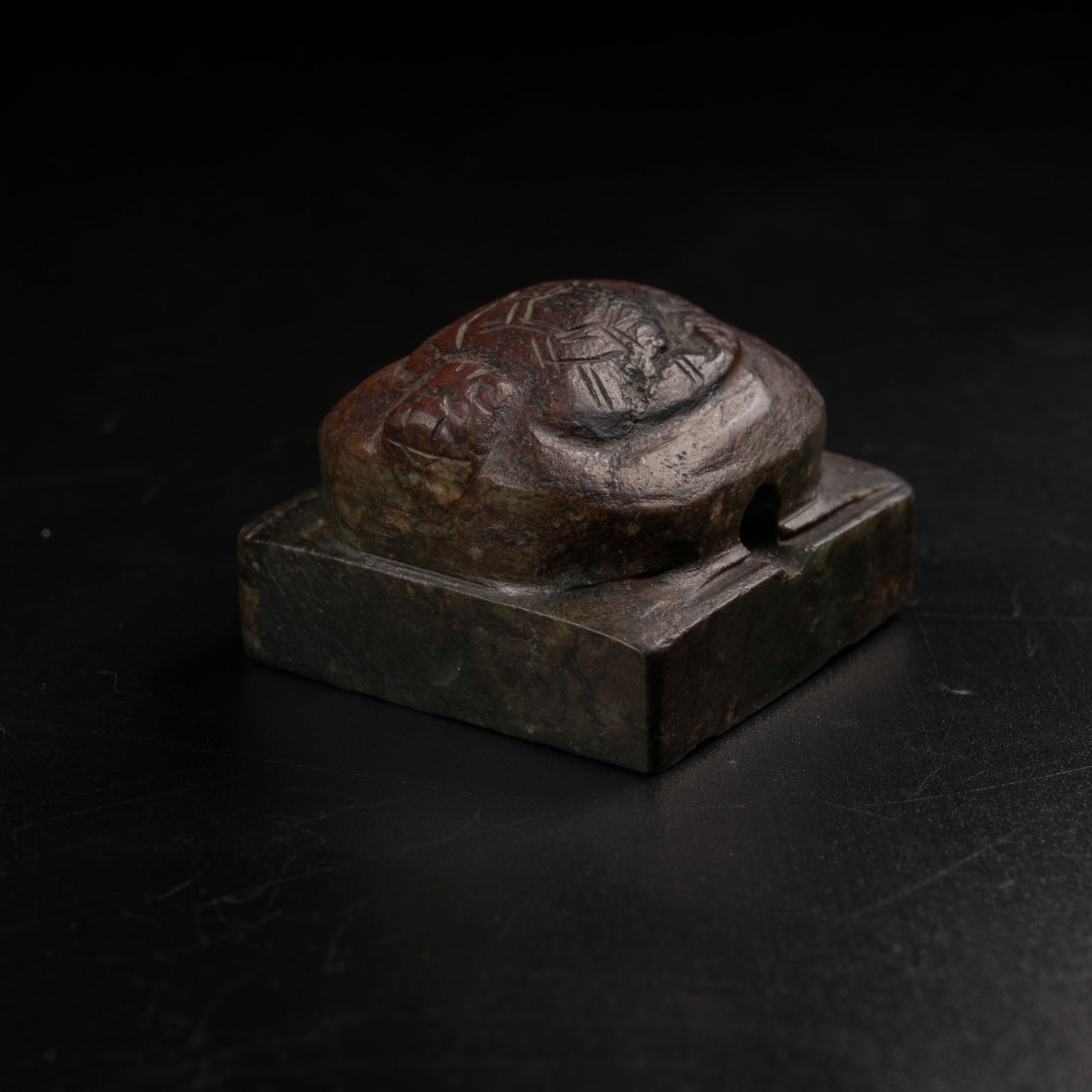 A BRONZE SEAL WITH TURTLE FINIAL: Bronze seal with turtle finial