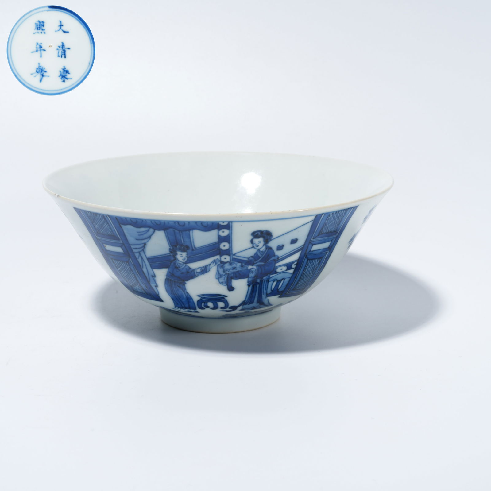 A BLUE-AND-WHITE BOWL WITH FIGURAL NARRATIVE MOTIF: Blue-and-White Bowl with Figural Narrative Motif