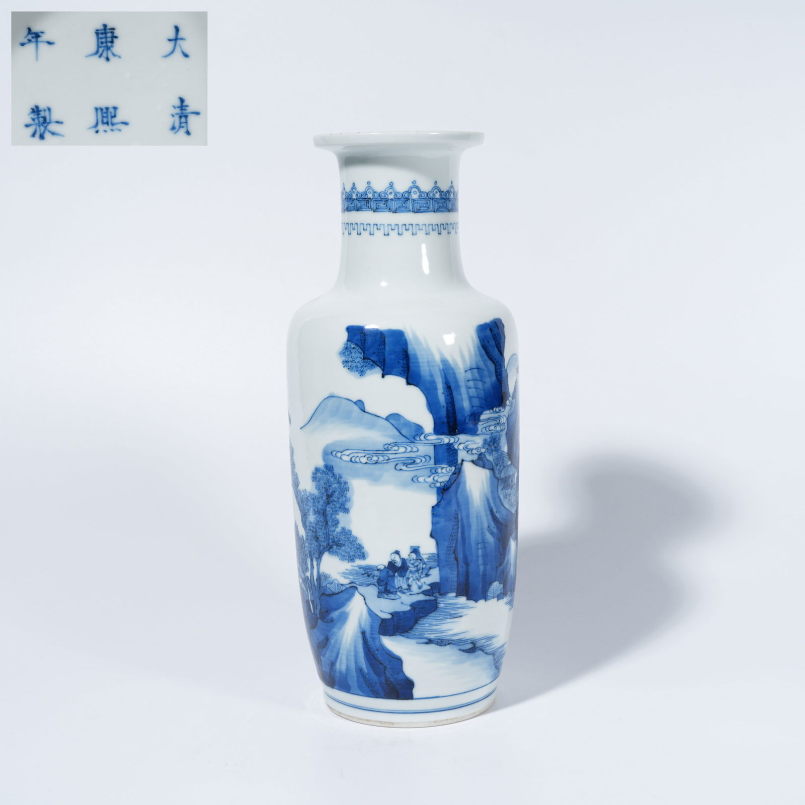 A BLUE-AND-WHITE LANDSCAPE AND FIGURAL CLUB-SHAPED VASE: Blue-and-White Landscape and Figural Club-Shaped Vase