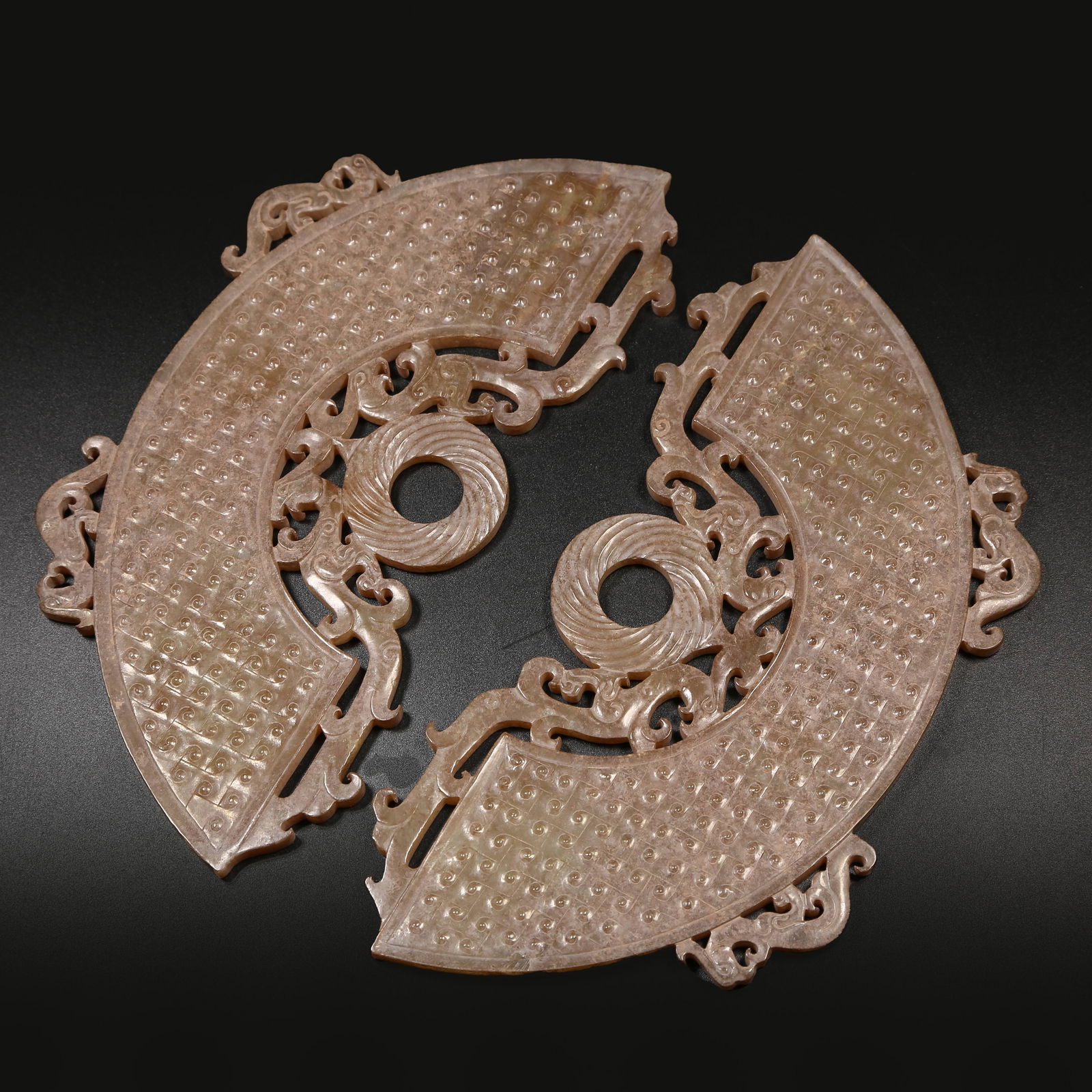 A SET OF ANCIENT JADE DRAGON MOTIF HUANG PENDANTS: Set of Ancient Jade Dragon Motif Huang Pendants