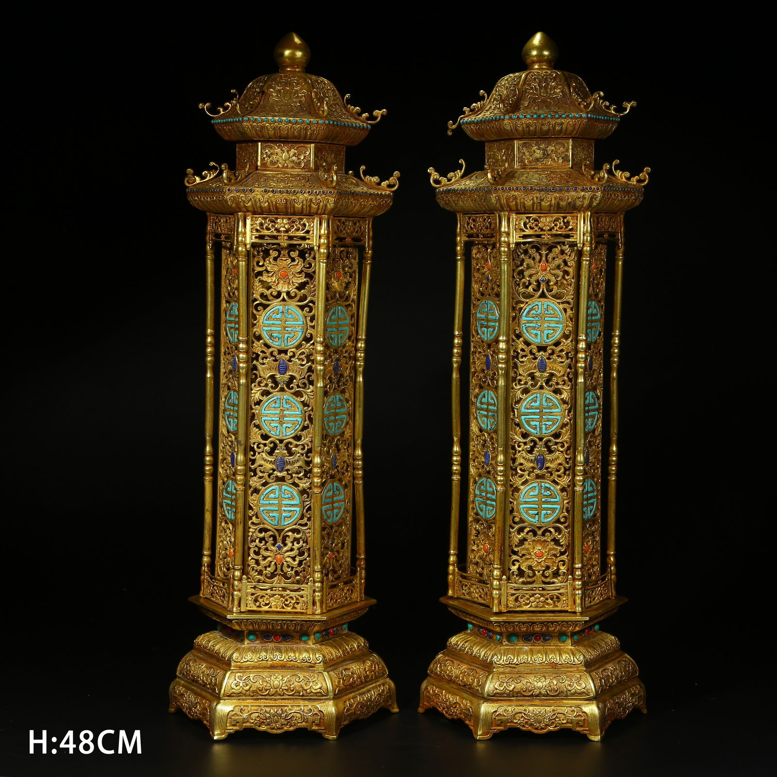 A SET OF GILT BRONZE INCENSE PAVILIONS: Set of gilt bronze incense pavilions