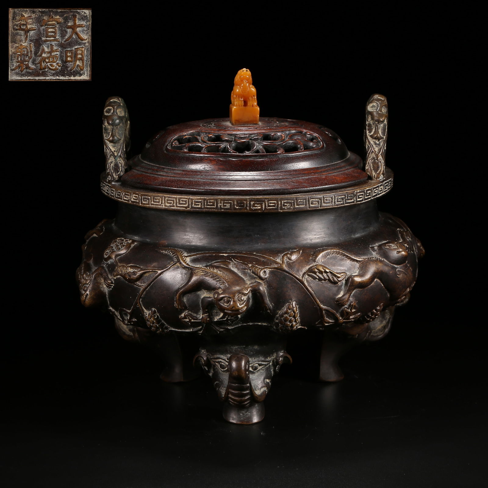 A BRONZE ELEPHANT-FOOT CENSER WITH SEA-BEAST AND GRAPE PATTERN (1 of 9)