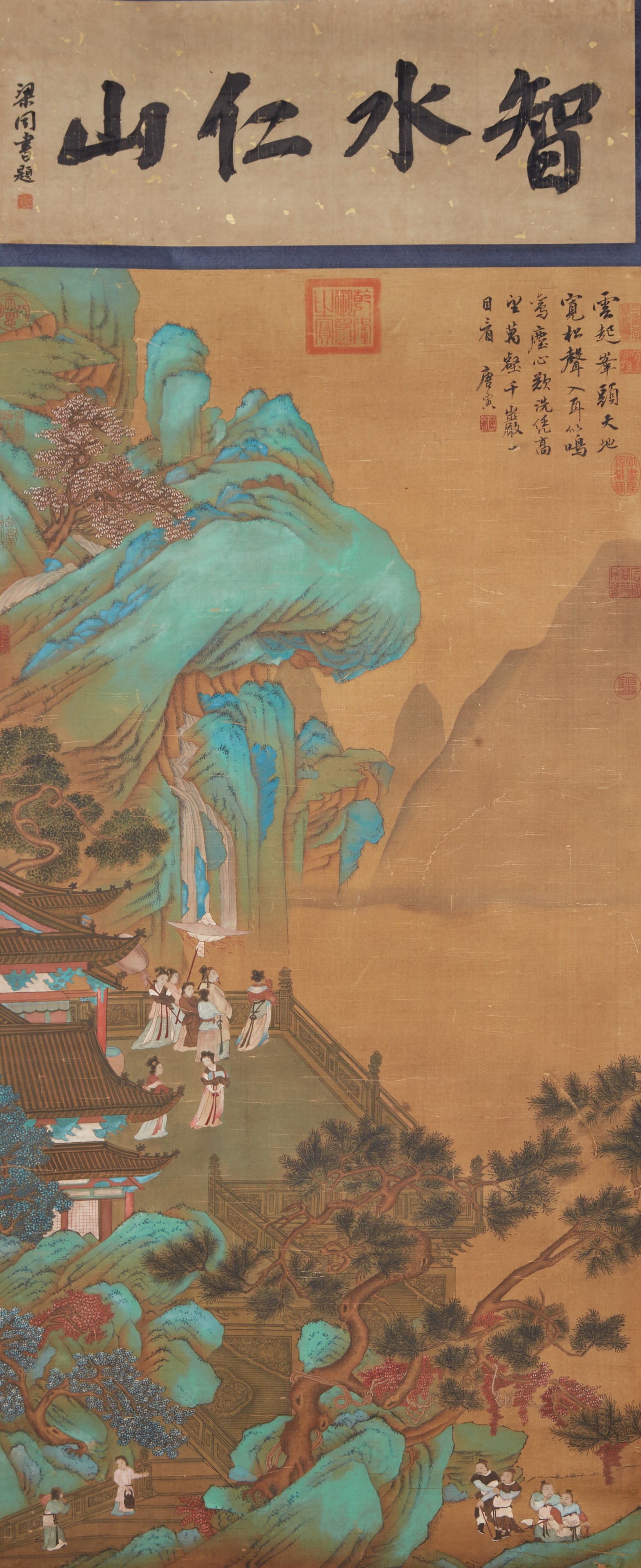 A LANDSCAPE AND FIGURES ON SILK BY TANG BOHU.唐伯虎: Landscape and Figures on Silk by Tang Bohu.唐伯虎