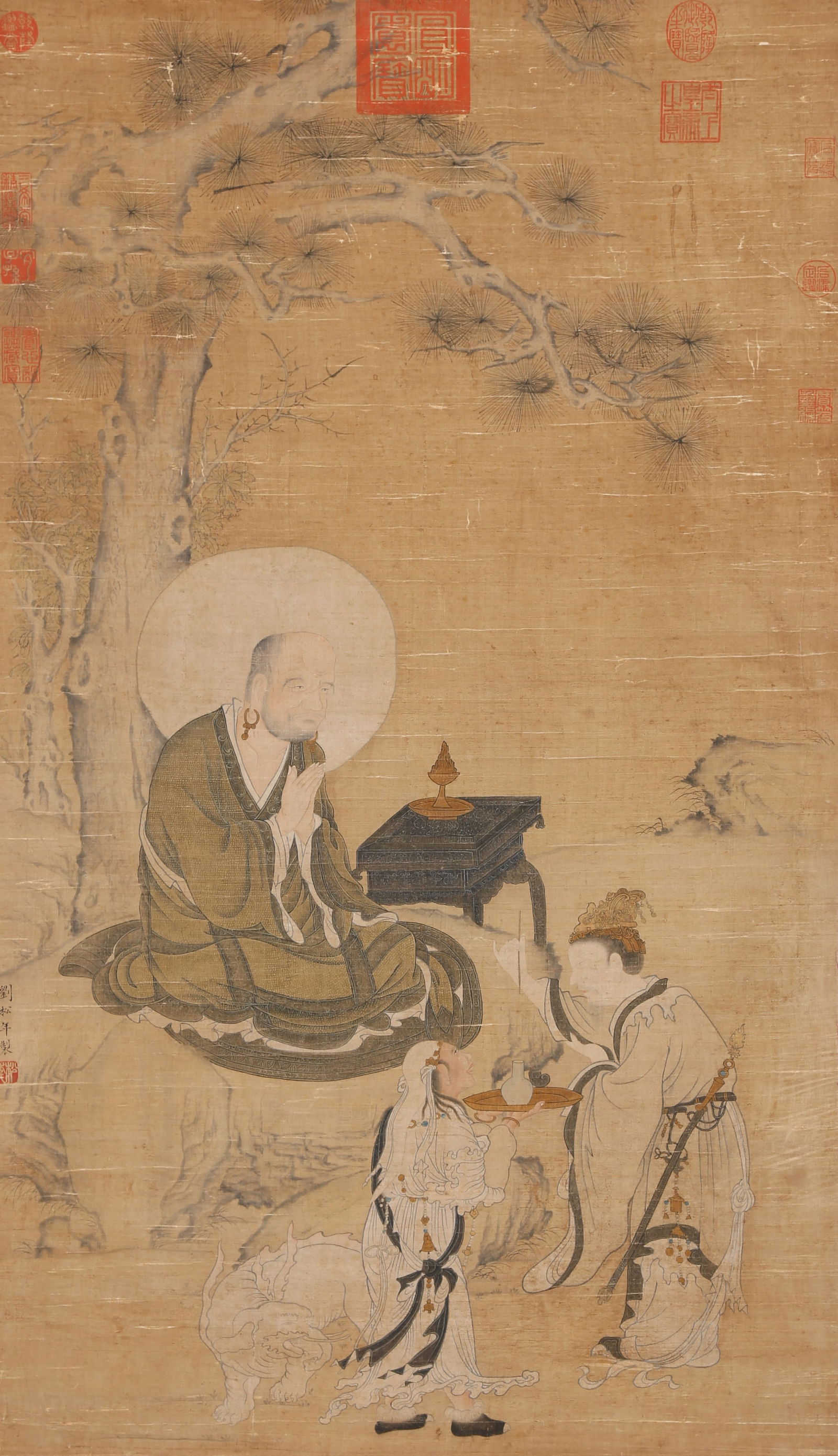 A ARHAT PAINTING ON SILK BY LIU SONGNIAN.劉松年: Arhat Painting on Silk by Liu Songnian.劉松年