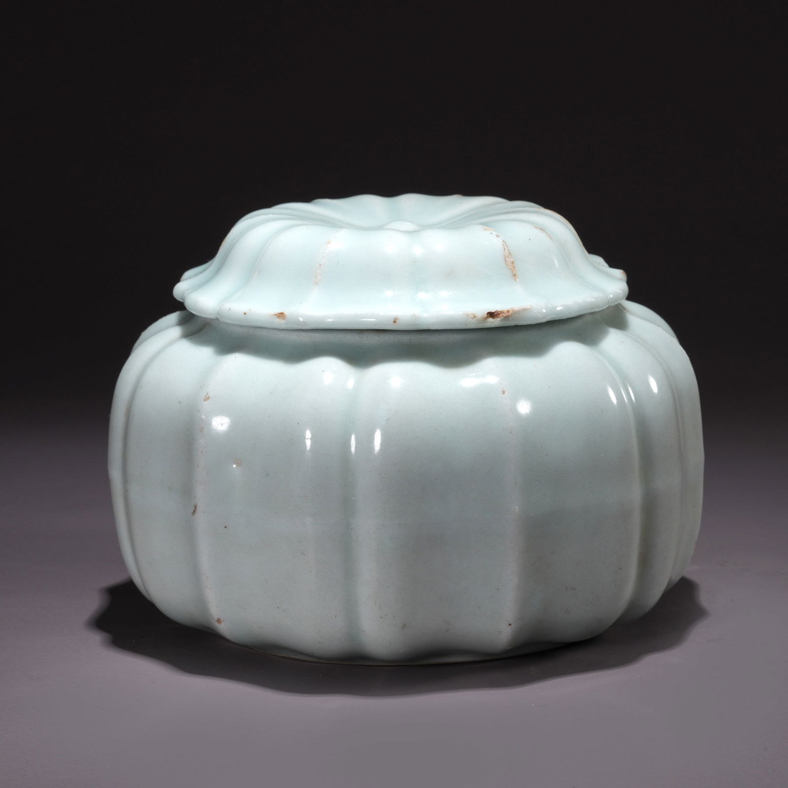 A RU KILN MELON-RIBBED COVERED JAR: Ru Kiln Melon-Ribbed Covered Jar