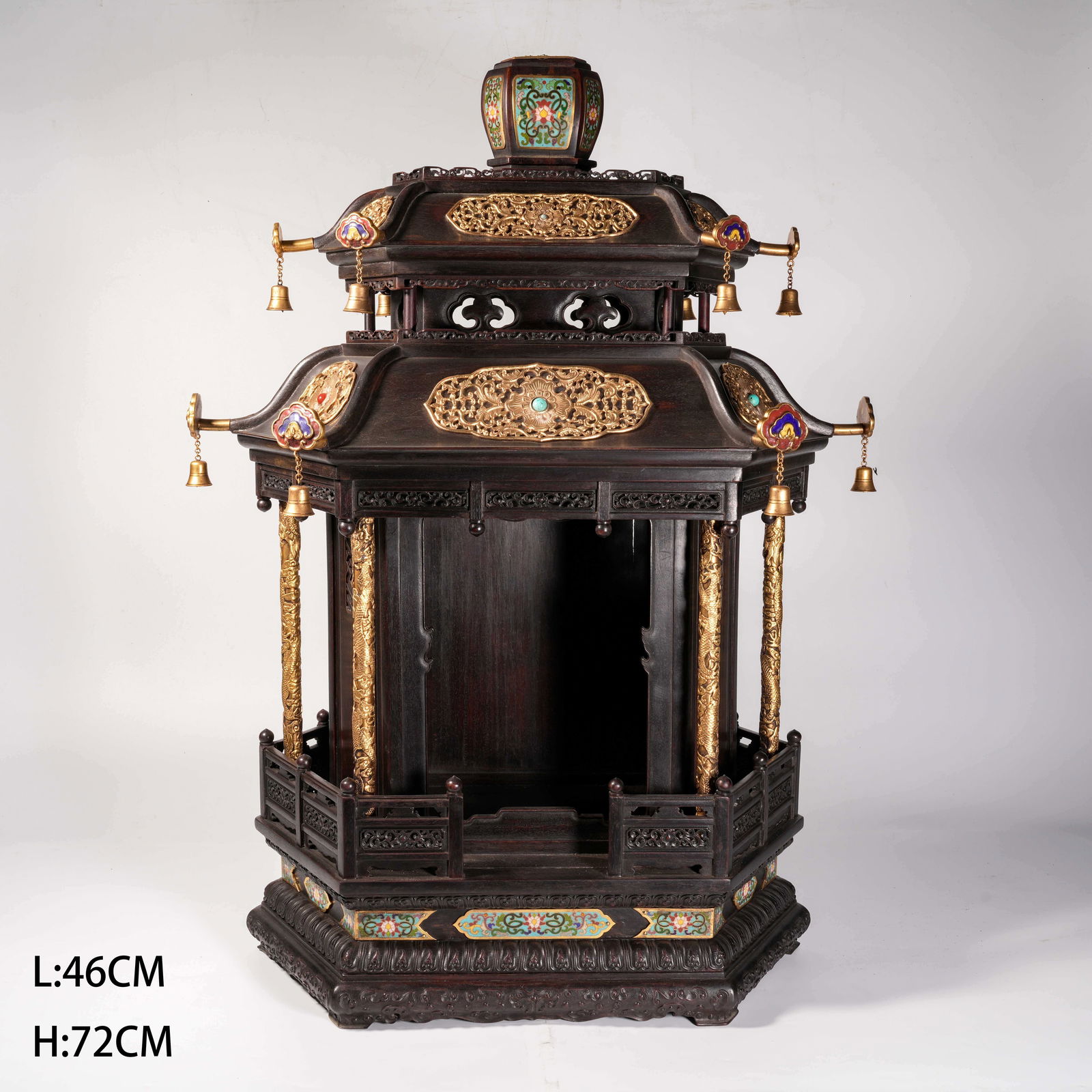 A ZITAN WOOD BUDDHIST SHRINE WITH CLOISONNÉ ENAMEL, BRONZE-GILT AND INLAID PRECIOUS MATERIALS: Zitan Wood Buddhist Shrine with Cloisonné Enamel, Bronze-Gilt and Inlaid Precious Materials