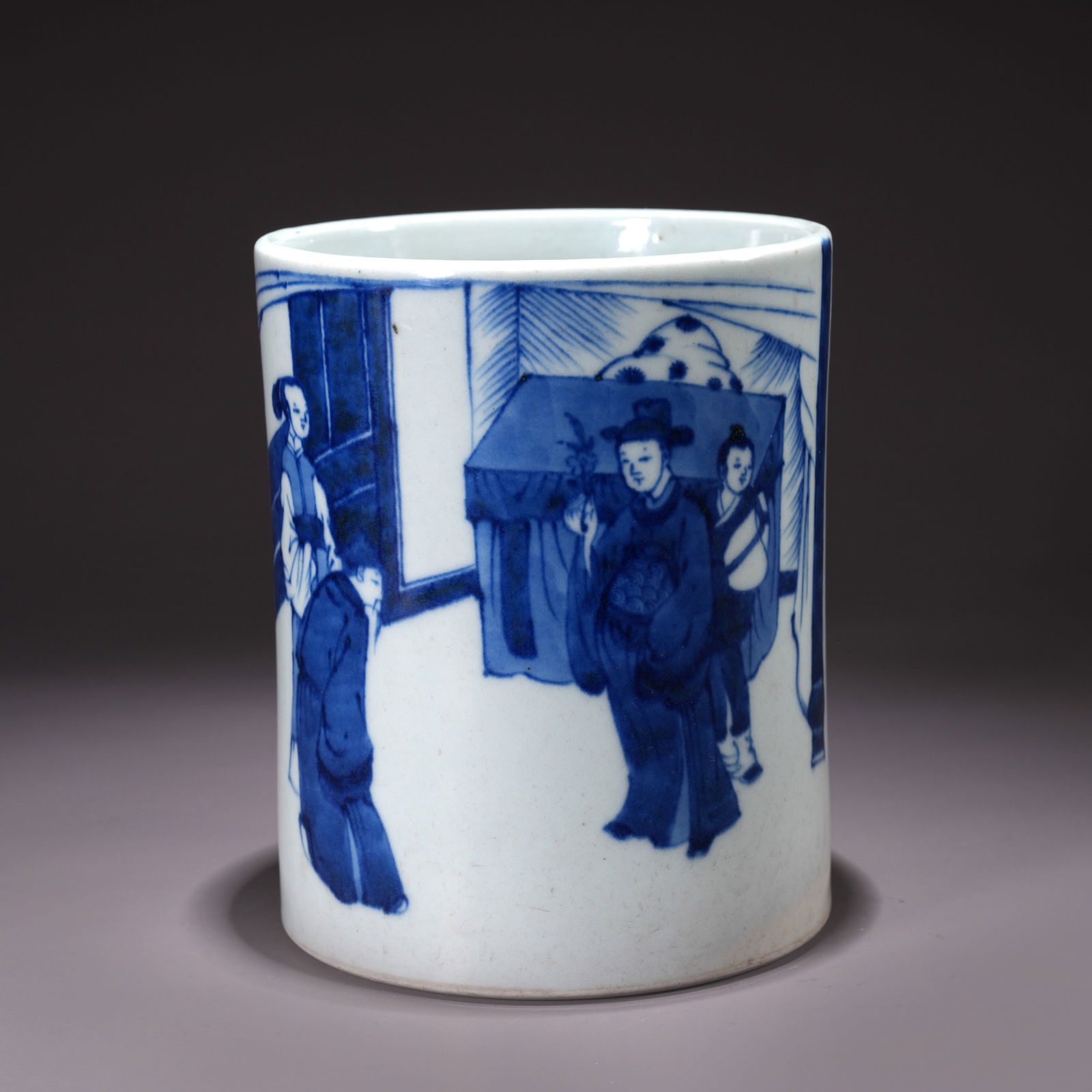 A BLUE-AND-WHITE BRUSH POT WITH FIGURE STORY MOTIFS: Blue-and-White Brush Pot with Figure Story Motifs