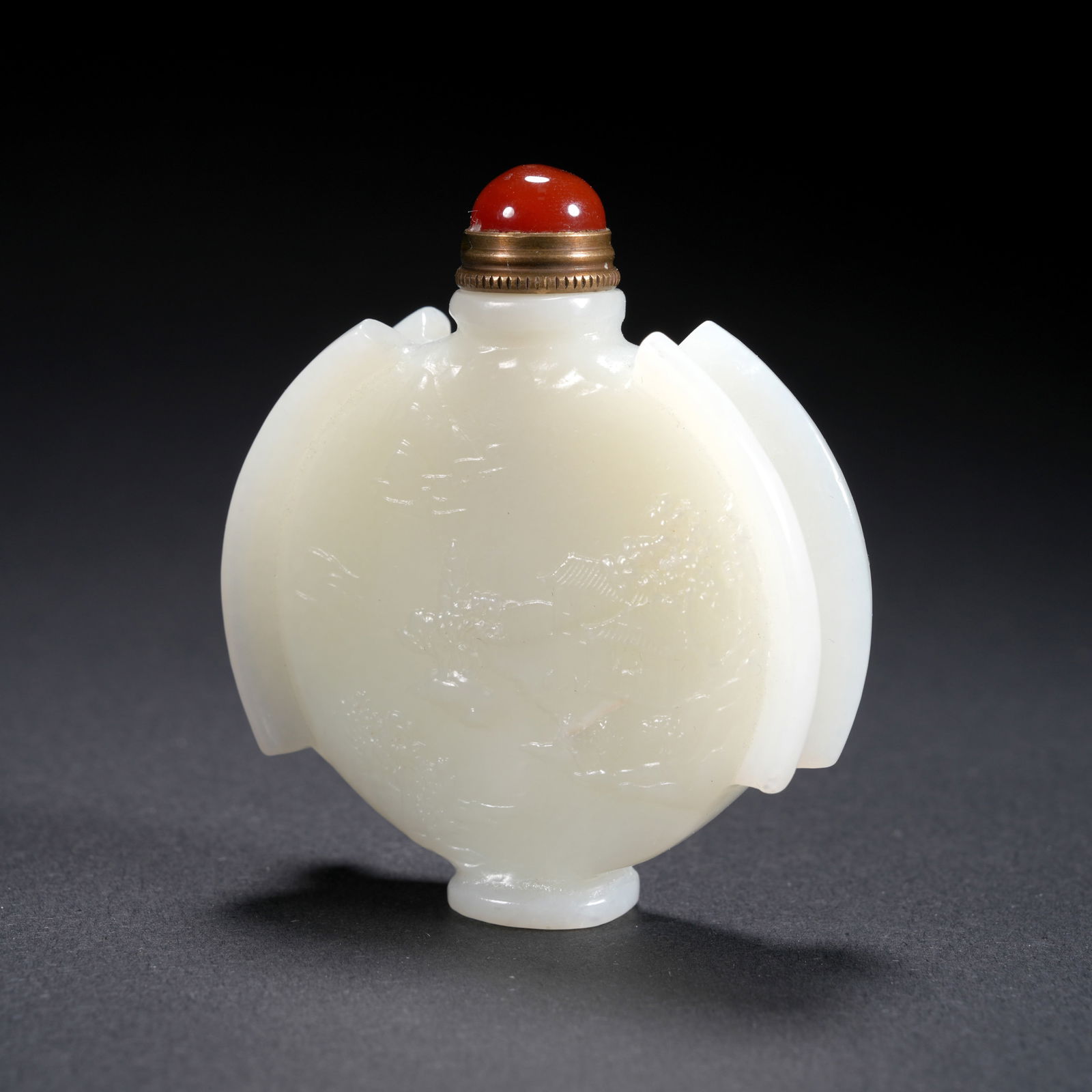 A HETIAN JADE CARVED SNUFF BOTTLE WITH LANDSCAPE AND FIGURAL MOTIF (1 of 9)